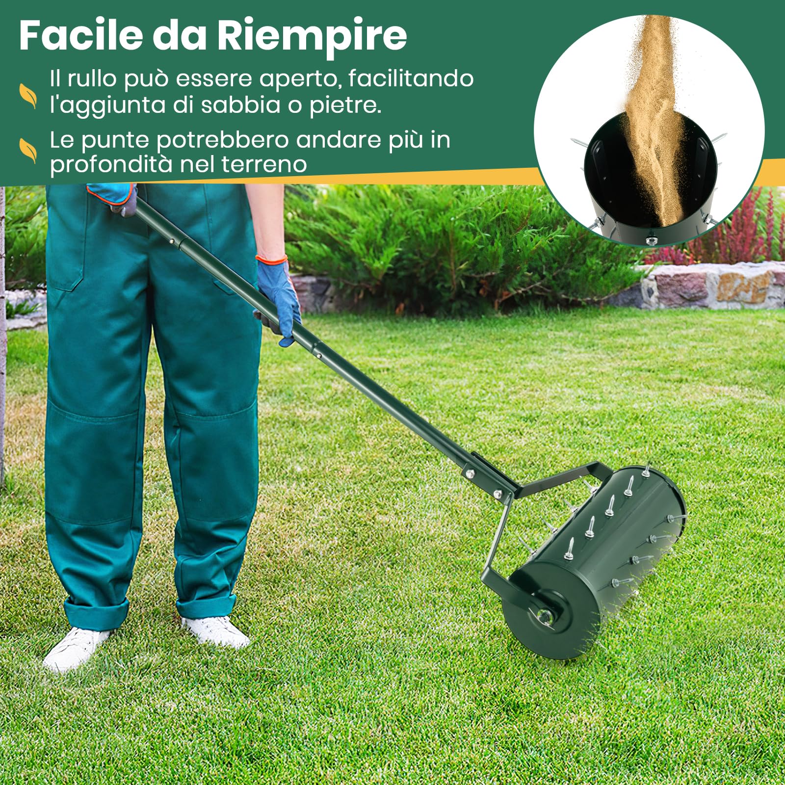RELAX4LIFE Arieggiatore per Prato con Rullo da 44 cm / 52 cm, 27/33 Punte Antiruggine da 3,4 cm, Aeratore da Prato con Manico Lungo,Ideale per Cortili, Giardini e Prato (Larghezza: 44 cm, Verde)