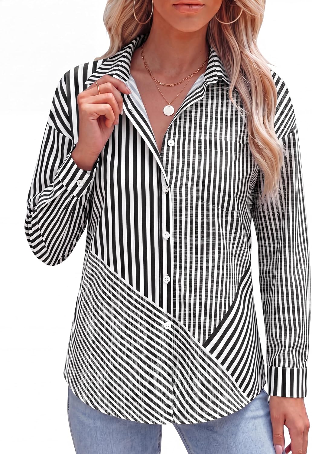 Fayenne Women Button Down Shirt Asymmetrical Striped Long Sleeve Top Casual | long Sleeve Button Up Shirts， Collar Dress Shirts, Business Casual Tops, Work Blouses, Office Top, Pocket Blouse, Fall Trendy
