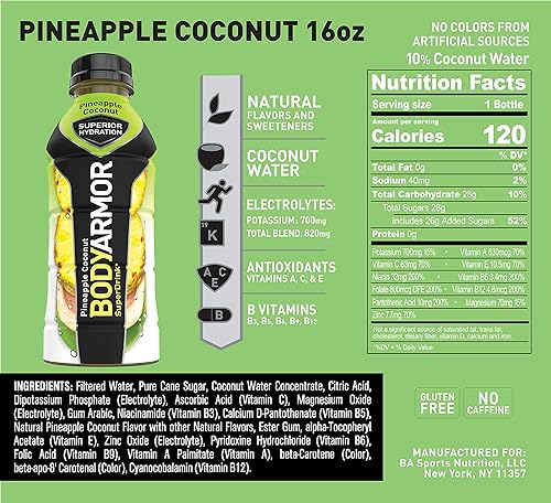 Miniatura 3 de BODYARMOR Bebida deportiva, piña y coco, sabores naturales con vitaminas, 16 onzas líquidas (paquete de 12) y bebida deportiva baja en calorías, 16