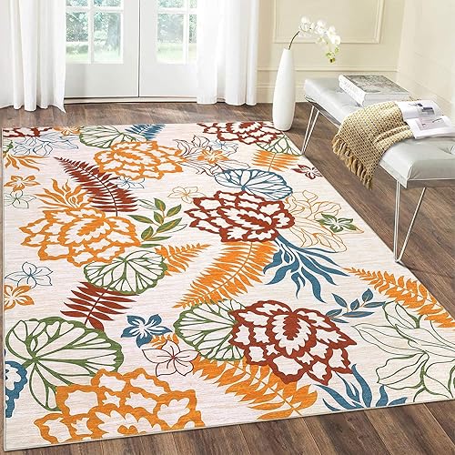 Alfombra lavable de 9 x 12 pies, diseño floral, antideslizante, grande con acento botánico, para interiores, no desprende pelusa, alfombra de pelo