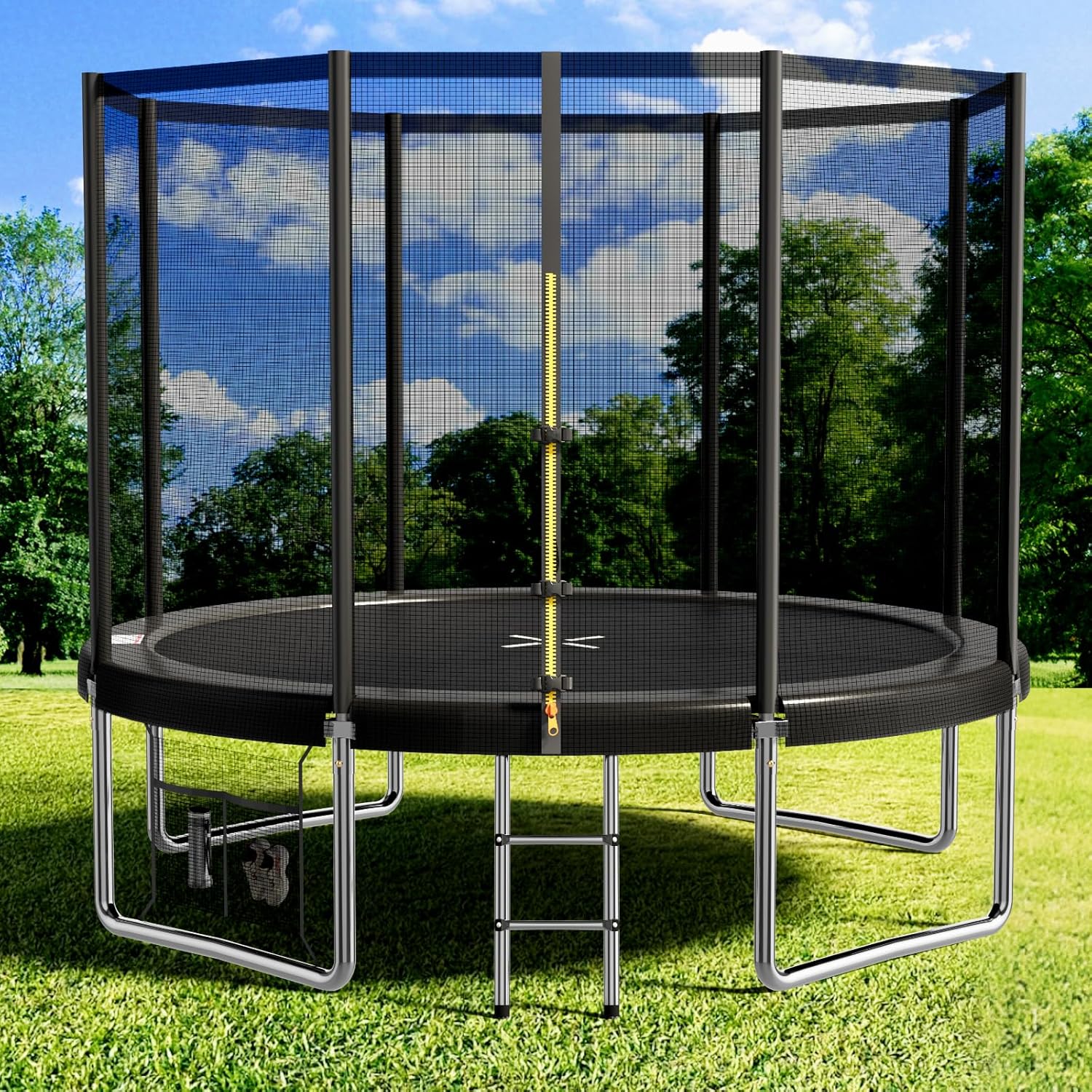 Devoko Outdoor Trampoline, 305 cm, with safety net and ladder, set up in a grassy backyard.