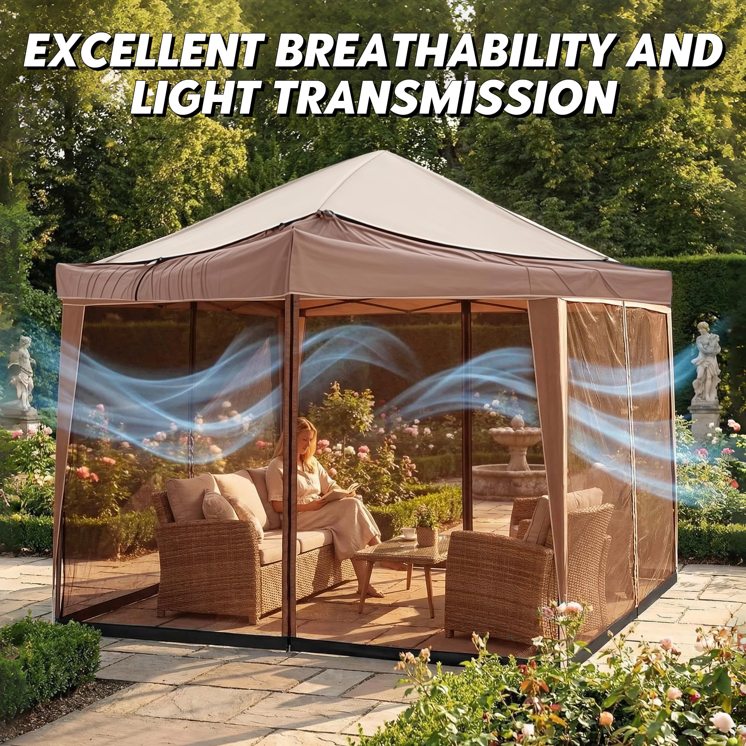 Zanzariera per gazebo 3 x 3 m, zanzariera regolabile | 2 porte con chiusura lampo per zanzariera, con supporto riempito d'acqua, per giardino, patio, cortile, campeggio