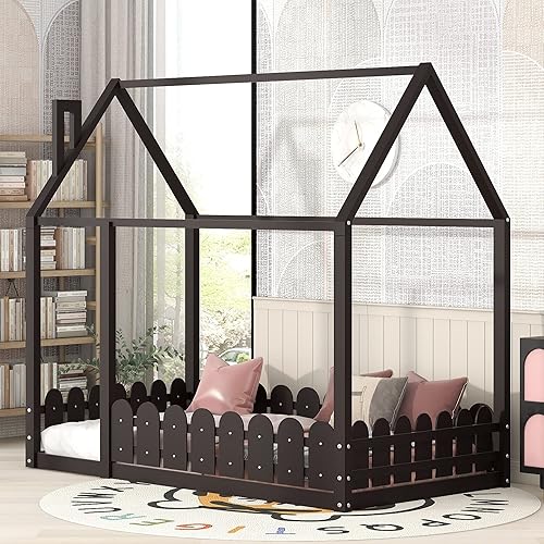 Miniatura 3 de Harper & Bright Designs Cama de casa individual para niños, marco de cama de suelo con techo y valla, necesita somier, para niños pequeños, niños,