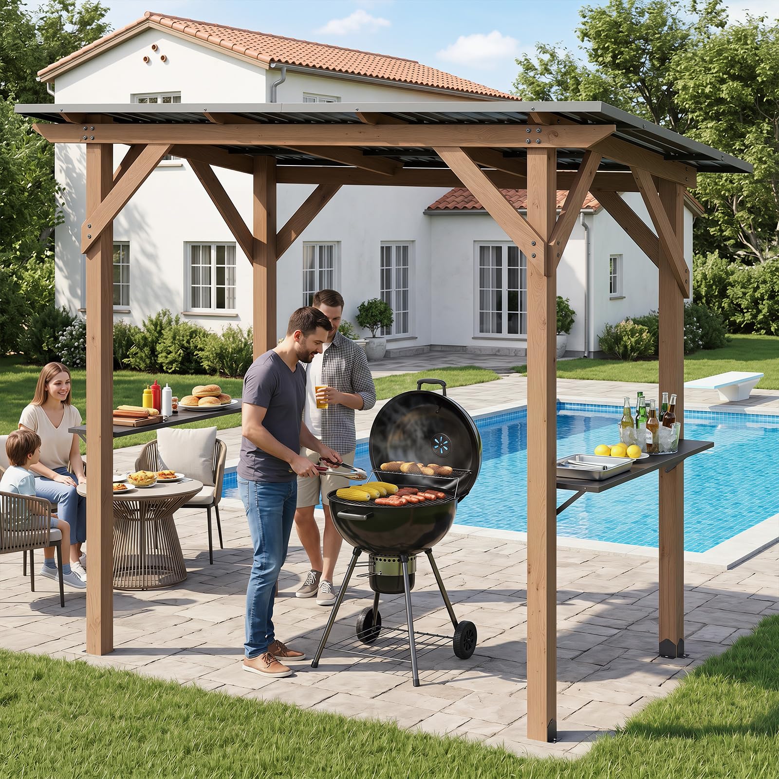 COSTWAY Drewniany pawilon grillowy, 263 x 151 x 223 cm, stojak do grillowania z dachem z ocynkowanego metalu i 2 półkami bocznymi, odporny na warunki atmosferyczne, zadaszenie grilla na zewnątrz, na