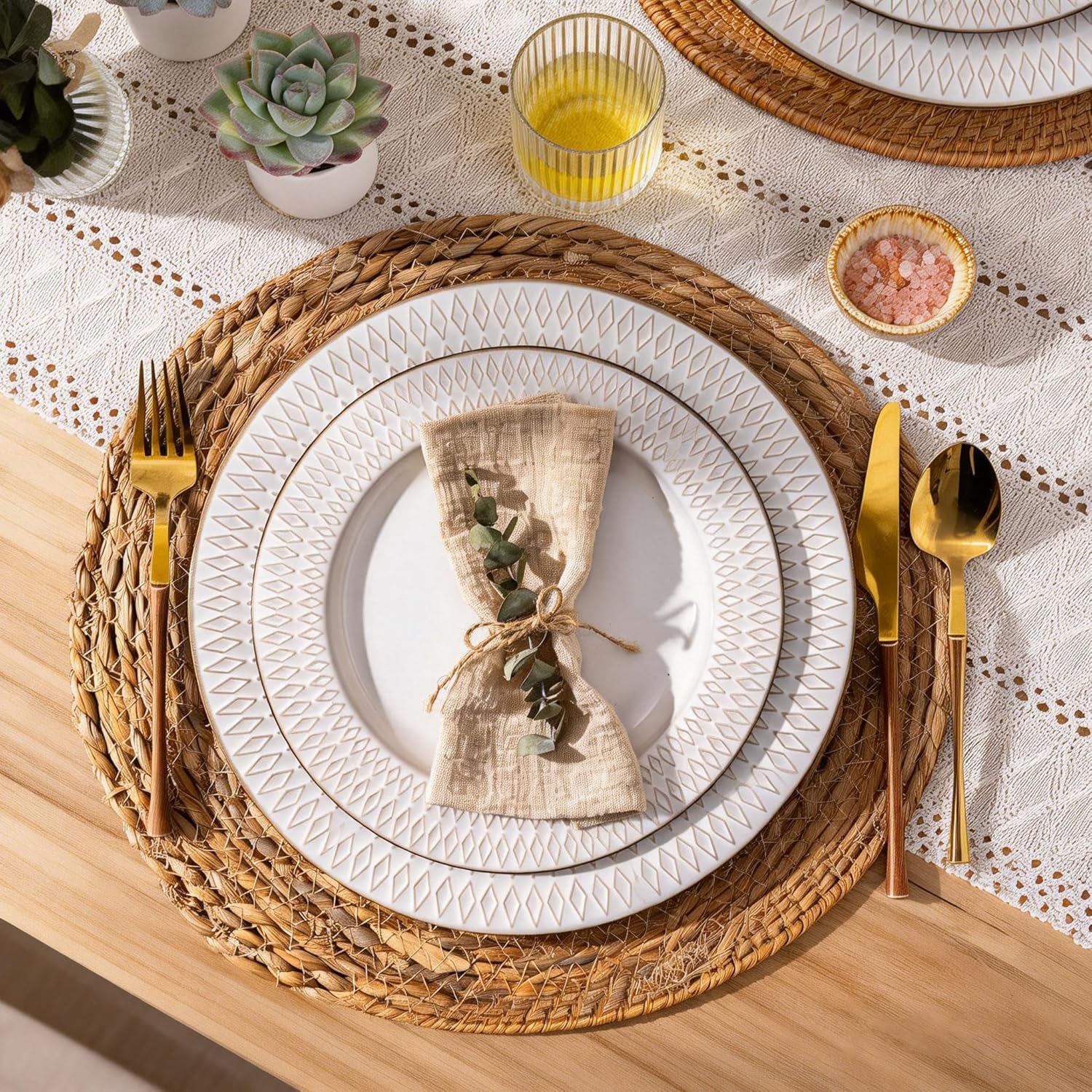 GBHOME Ceramic Dinnerware Sets,12 pcs Embossed Elegant Stoneware Plates and Bowls Sets, Housewarming Wedding Gift | Dishwasher & Microwave Safe | Dishes Set Service for 6