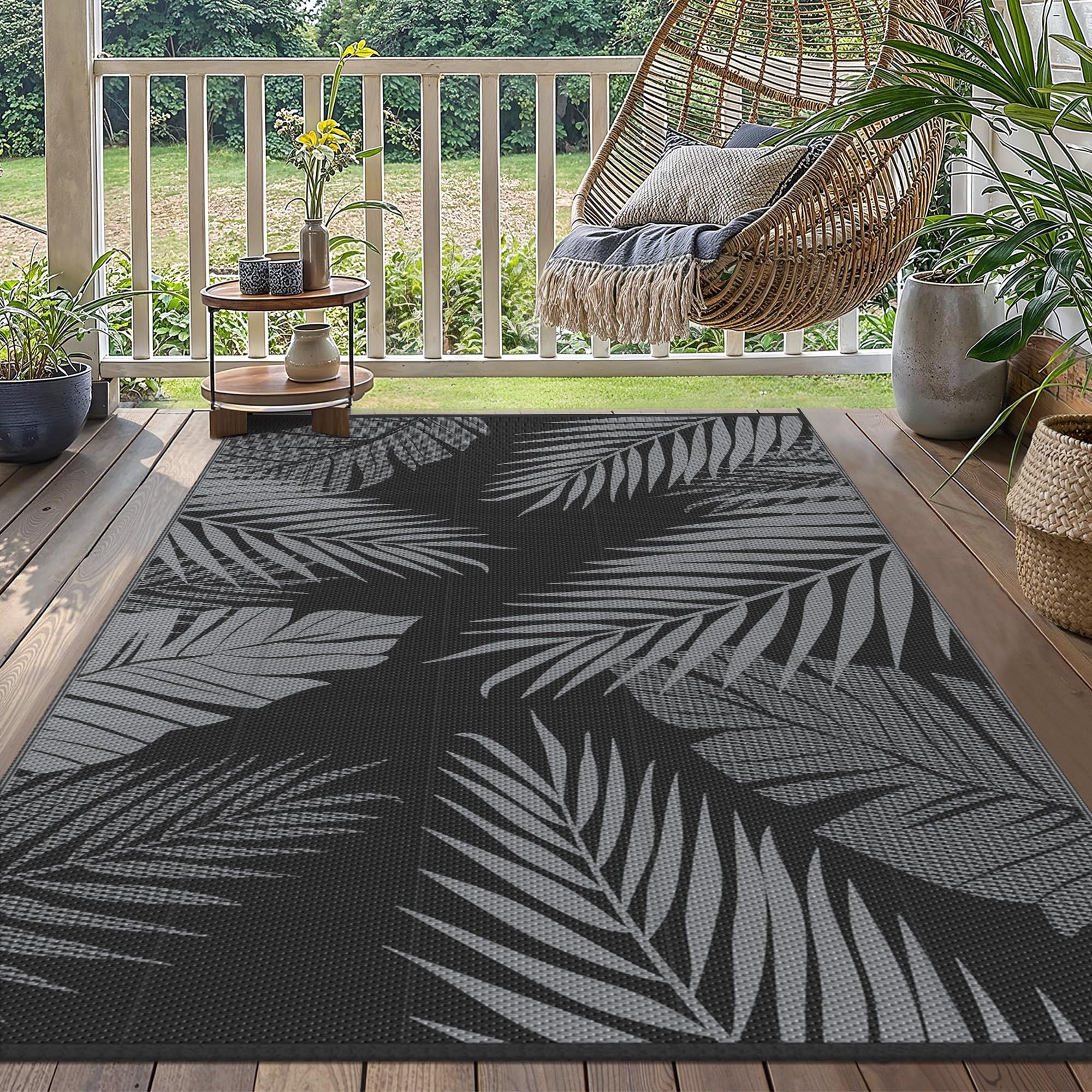 GENIMO Outdoor Rug 120x180cm – Waterproof Reversible Garden Rug, Washable UV Resistant Plastic Carpet for Patio, Balcony, RV, Picnic, Backyard – Black & Grey