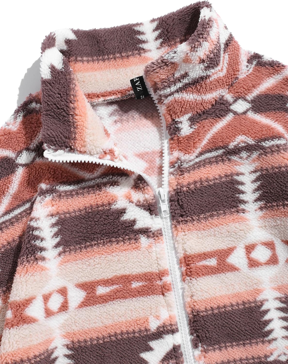 ZAFUL Women's Long Sleeve Zip Up Coat Faux Fur Ethnic Aztec Print Fall Jacket with Pocket Teddy Cropped Oversized Outwear