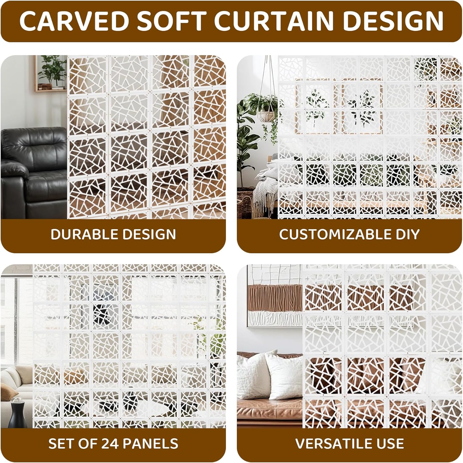 24 Pcs PVC Hanging Room Divider,Flower Carving Pattern Panels,Decorative Wall Screen Panel, Room Divider Partitions Panel Screen for Decorating Bedroom Dining Kitchen Office Studio 29 * 29cm