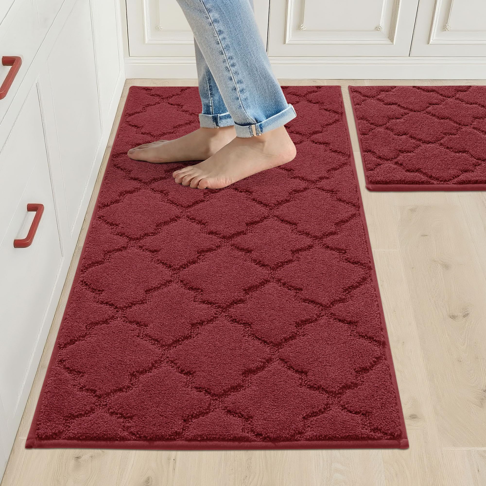 COSY HOMEER Küchenteppich 2 Stück, Teppich Küche Waschbar rutschfest, Küchenläufer, Teppichläufer Flur, Teppich Läufer für Küche, Flur, Wohnraum (50 x 75 cm + 50 x 120 cm, Rot)