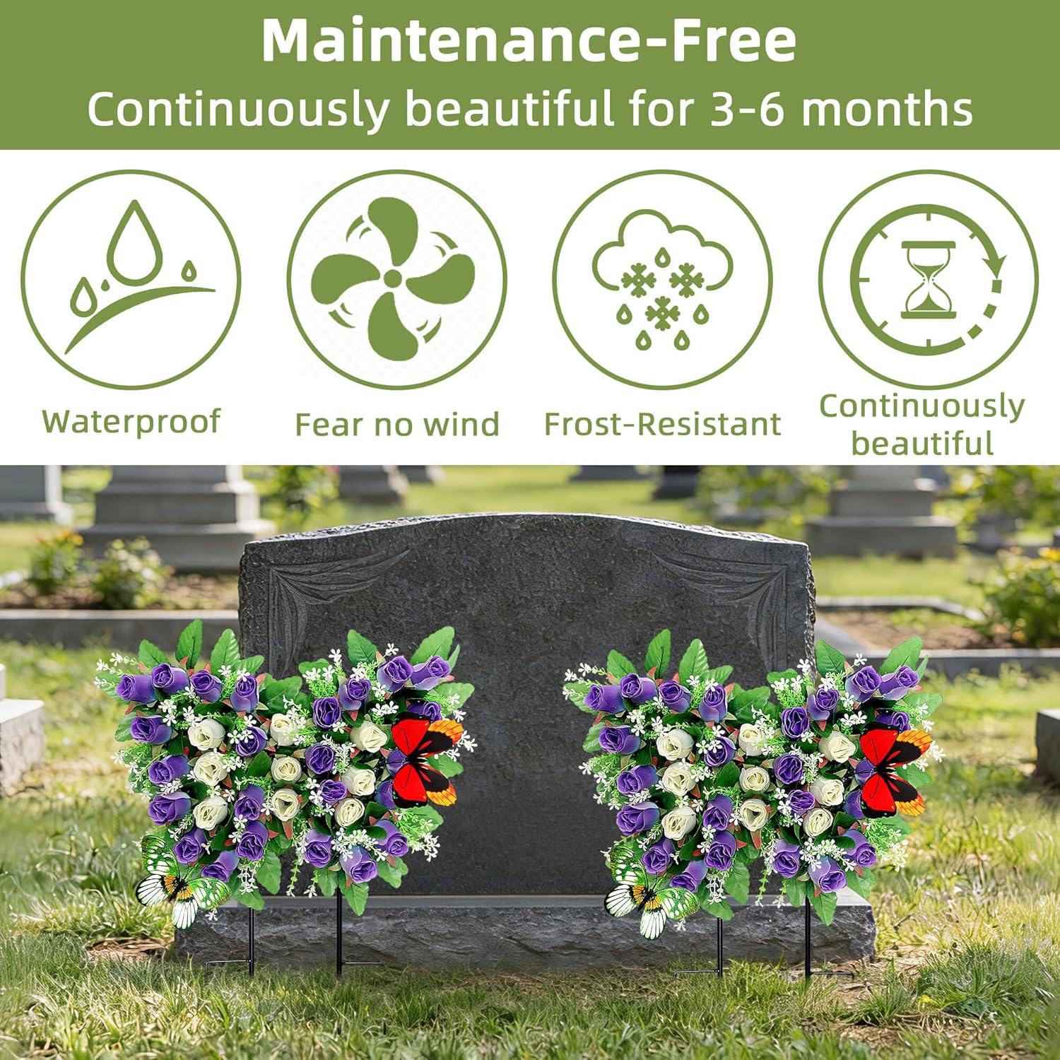 Lodou Butterfly-Shaped Cemetery Flowers for Grave – Realistic Memorial Floral Arrangement with Ground Spikes, Artificial Cemetery Flowers for Cemetery Decorations (Purple)