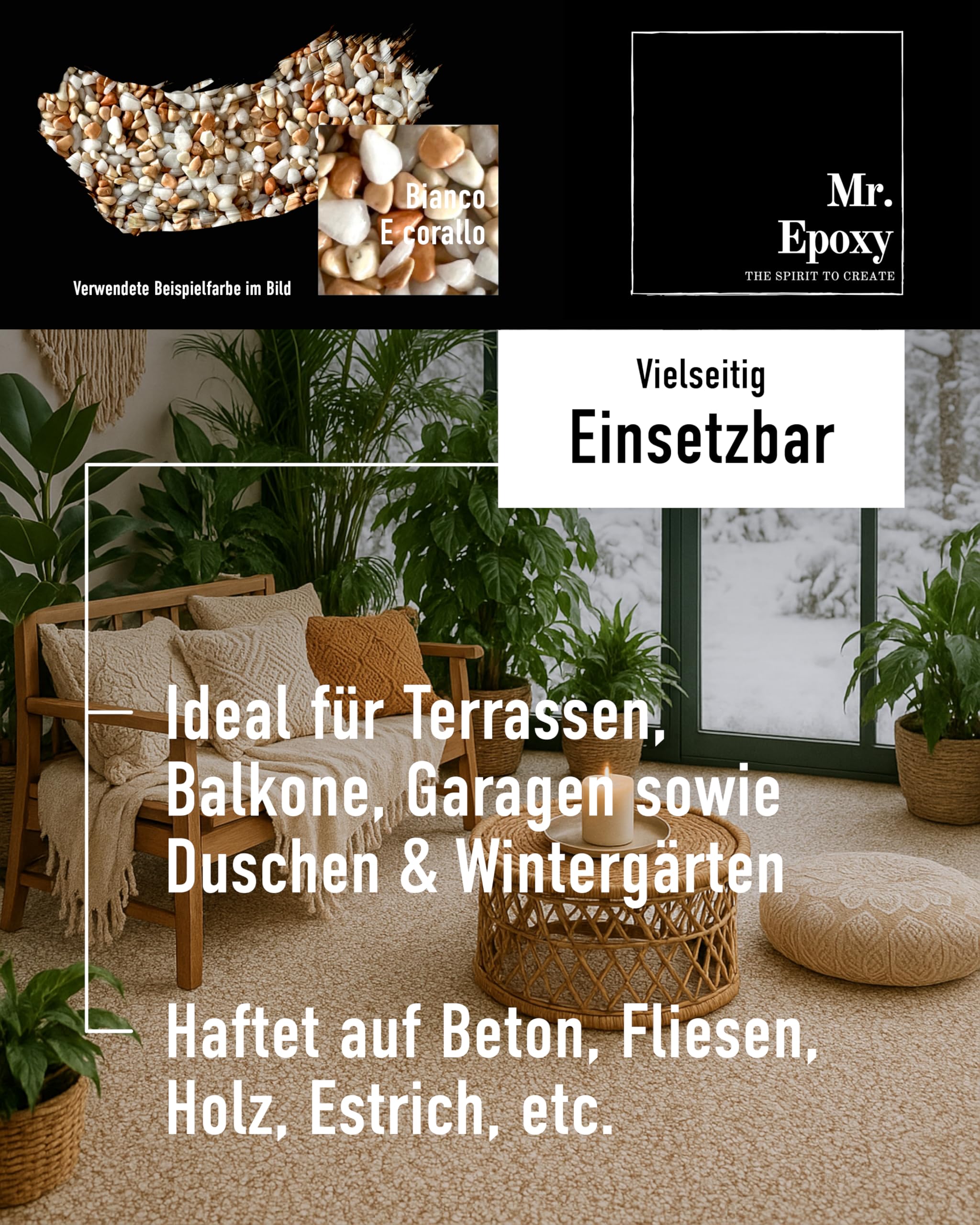 Steinteppich für Außen & Innen Komplettset (25kg Kies + 1,3kg Bindemittel) - UV-Stabil & Geruchsneutral - Buntsteinputz mit Versiegelung als Bodenbelag (Crema)