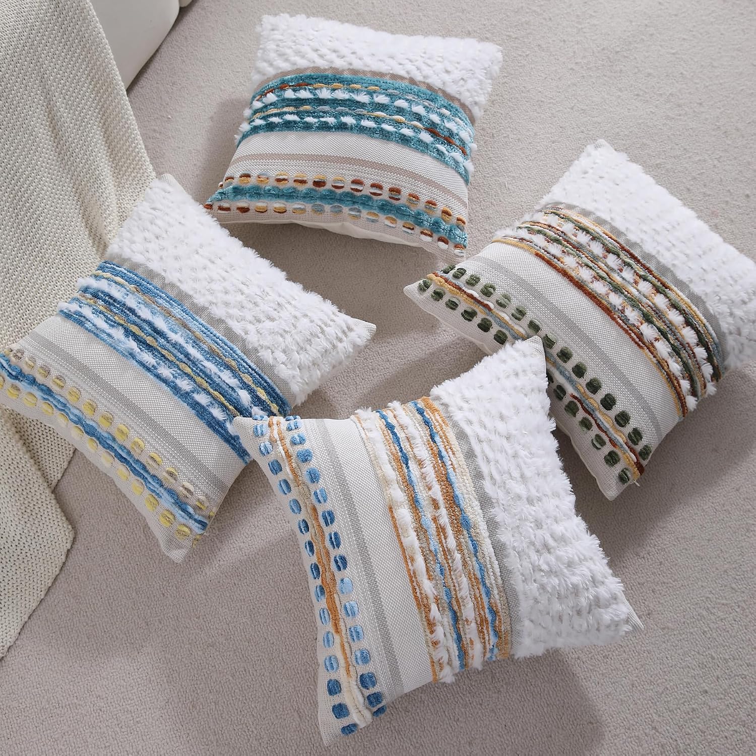Boho Throw pillow covers 18x18 set of 2 farmhouse decorative Couch pillow covers neutral Accent throw pillows covers striped outdoor cushion covers square textured chenille pillow cases for sofa bed