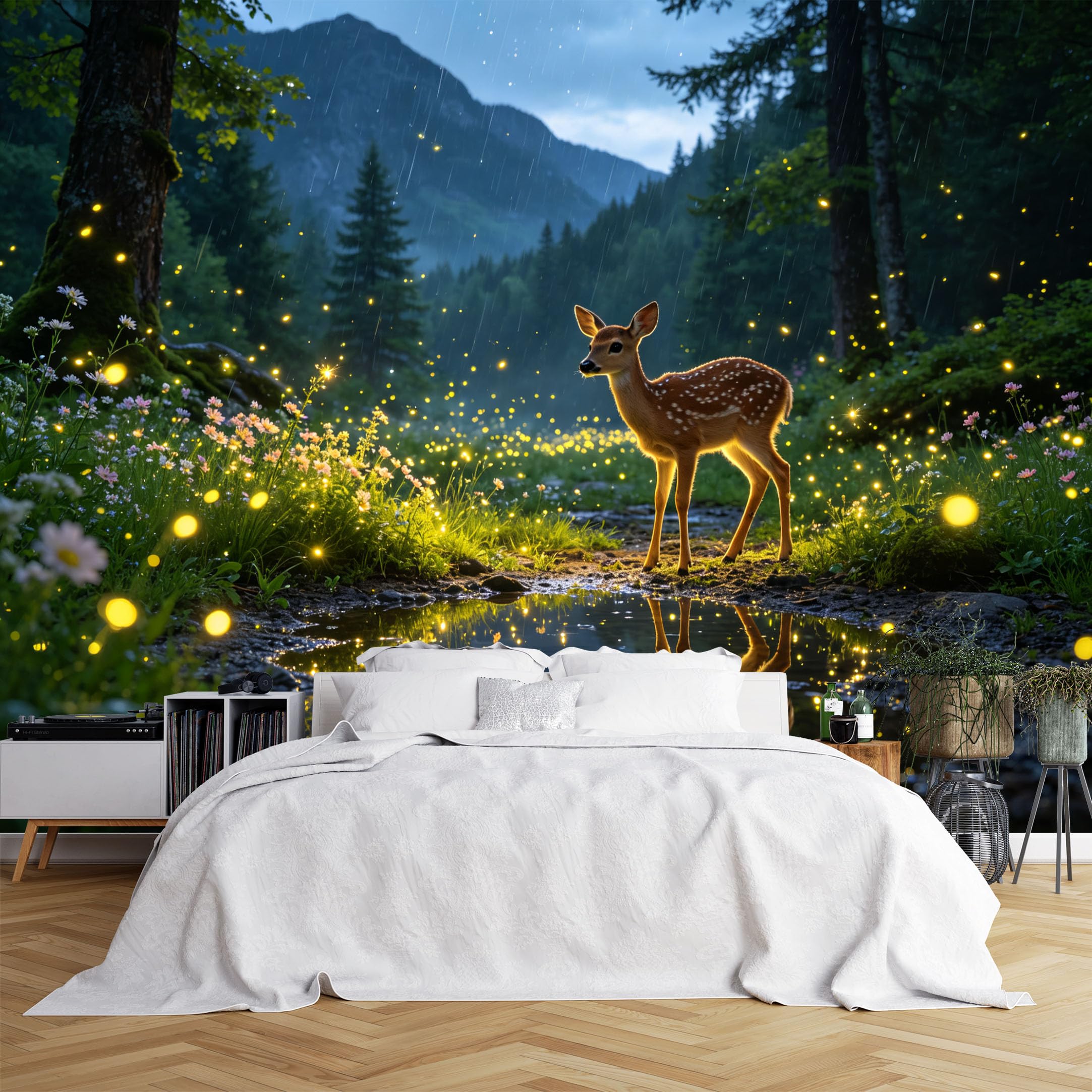 Lcythiazole Ch260615143 Custom Size Wall Murals Spotted Deer Rainy Forest Firefly Reflection Wall Murals Wildlife Wallpaper Large Photo Wallpaper Self-Adhesive Removable Wallpaper For Bedroom