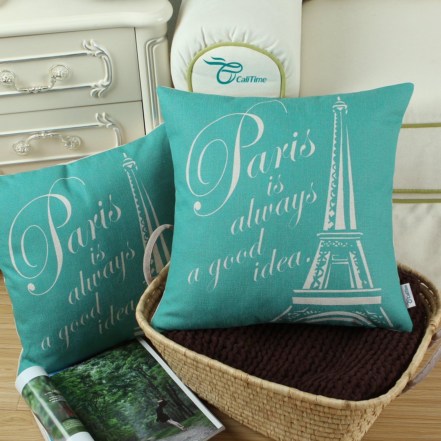 CaliTime Canvas Throw Pillow Cover Case for Couch Sofa Home Decoration Famous Paris Eiffel Tower 18 X 18 Inches Teal
