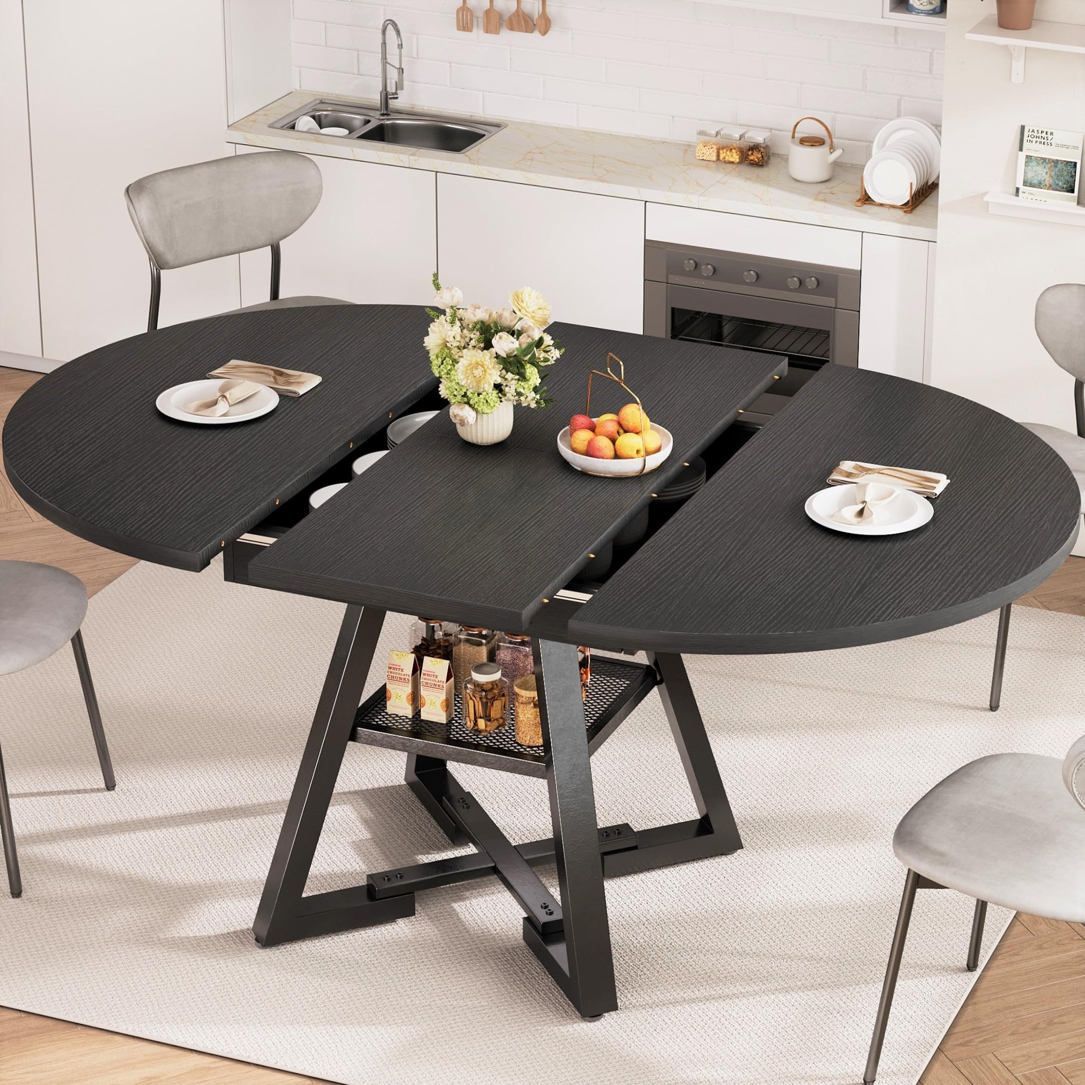 47‘’-61‘’ Extendable Round Dining Table for 4-8, Modern Industrial Kitchen Oval Dining Table with Removable Leaves, Space Saving Pedestal Base with