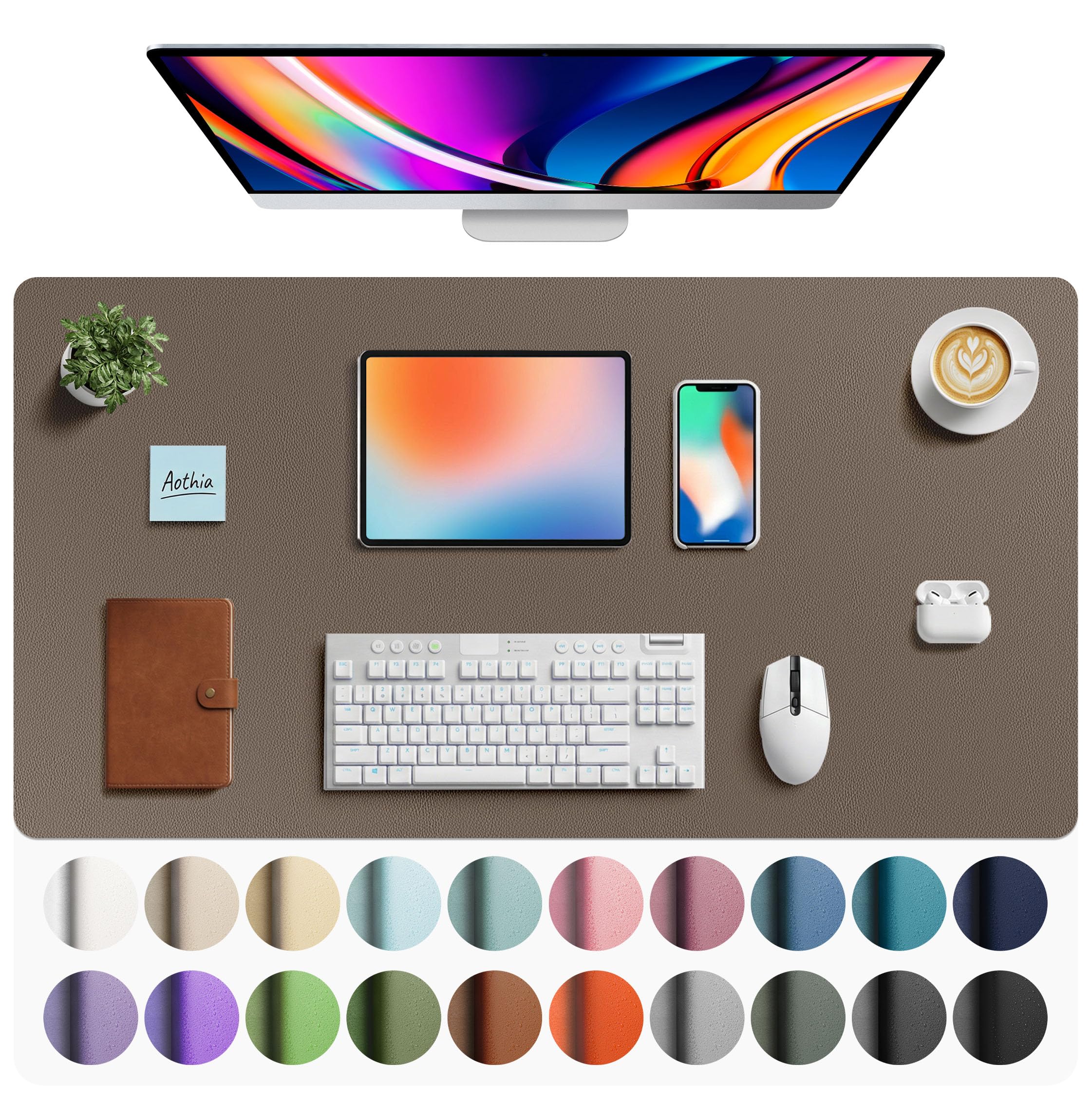 Aothia Faux Leather Desk Mat - Large Mouse Pad, Non-Slip PU Leather Blotter, Waterproof Writing Surface for Office and Home (Coffee, 40" x 24")