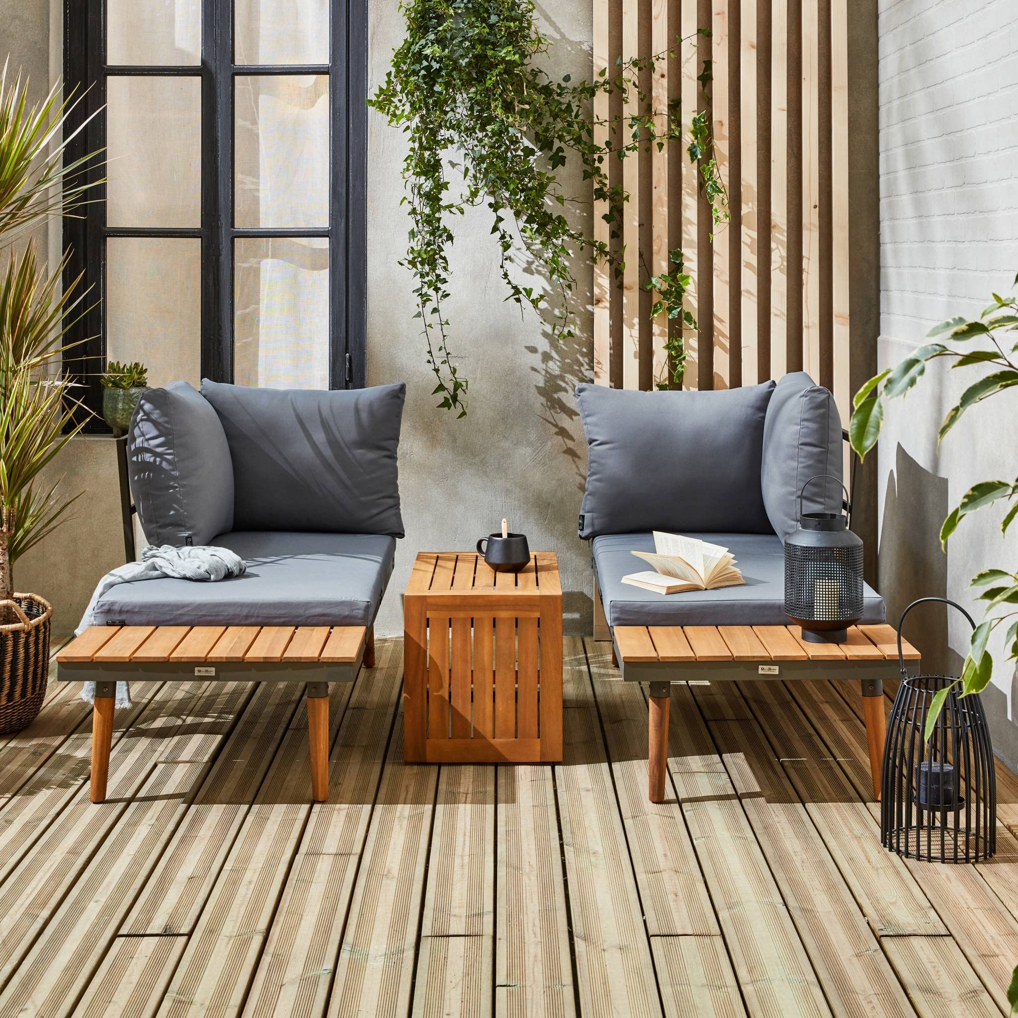 Alice's Garden - Salon de Jardin Anthracite et Gris modulable en Aluminium et Bois d'acacia. 4 Places. Sao Paulo. 140 x 68 x 65cm