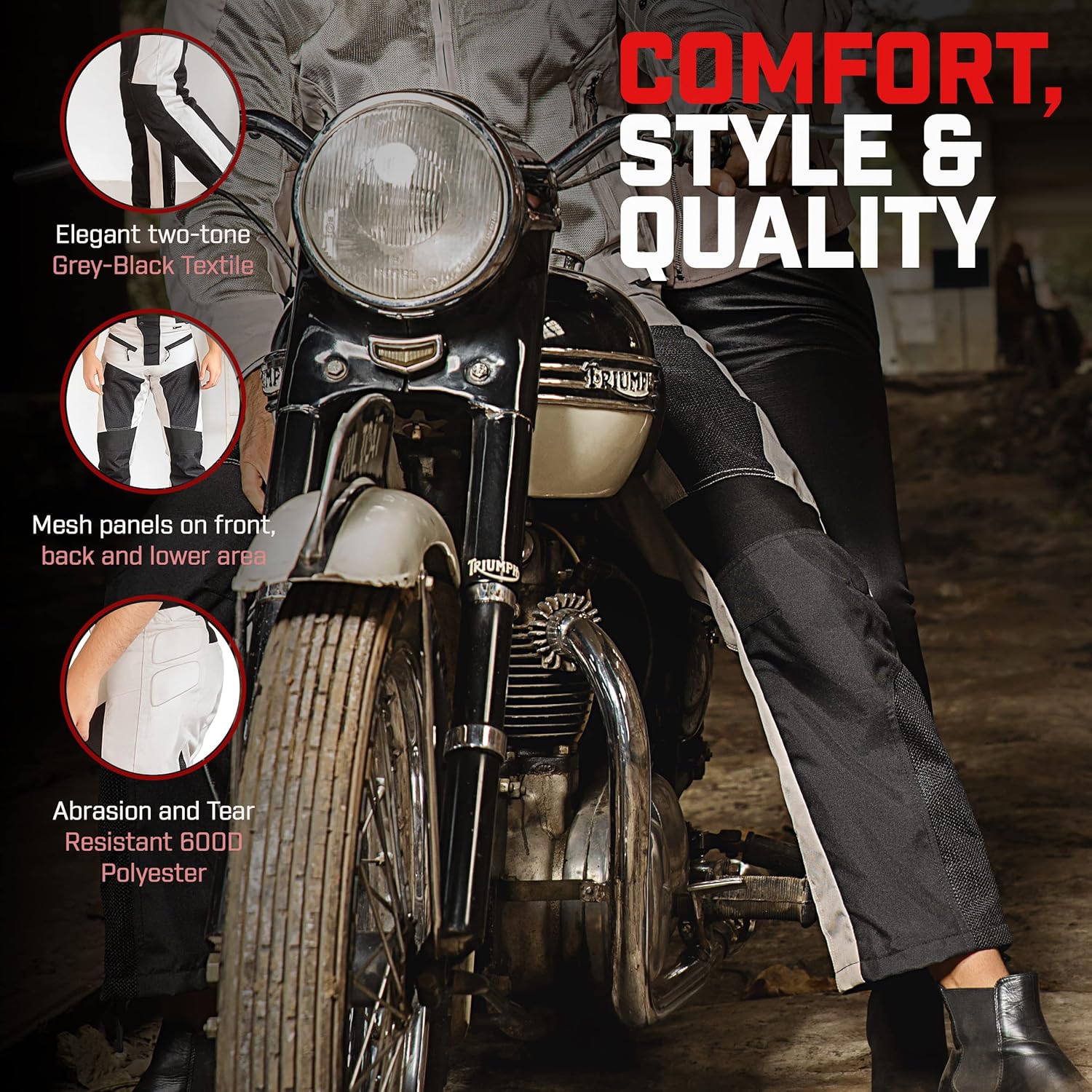 WICKED STOCK Men's Grey Mesh Motorcycle Pants - High Rise, Zipper Closure, Summer, Motocross, Dirt Bike, Motorcycle