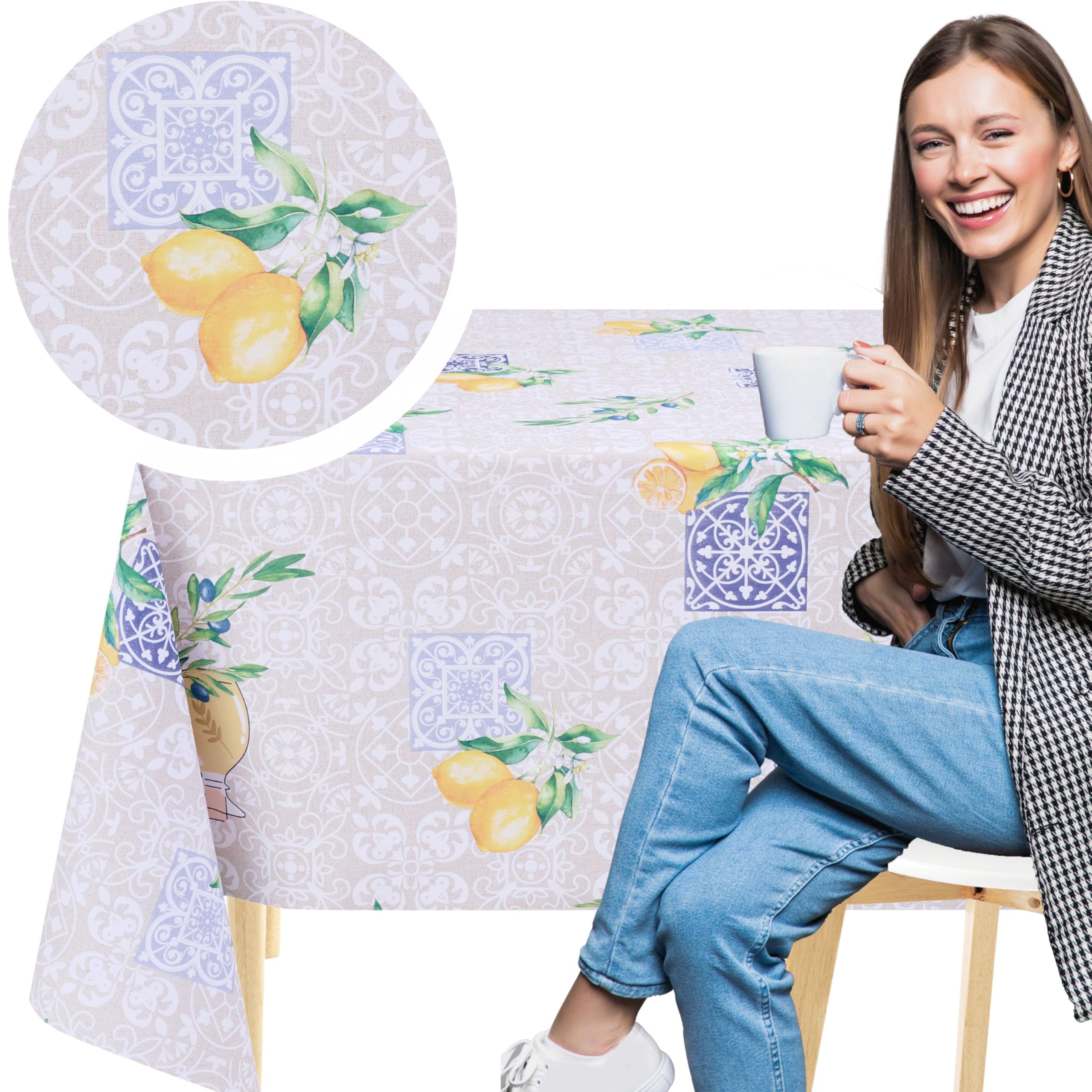 KP HOME Beige PVC Table Cloth Wipe Clean Tablecloth with Blue Porto Tiles and Lemons - Rectangular 78.7"x 55.1" - 200x140 cm Waterproof and Wipeable Plastic Table Cover Olive Branches Vinyl Oilcloth