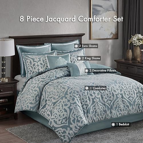 Miniatura 6 de Madison Park Odette - Juego de edredón, diseño de medallón de damasco jacquard, todas las estaciones, relleno alternativo, fundas, cojines, Cal King