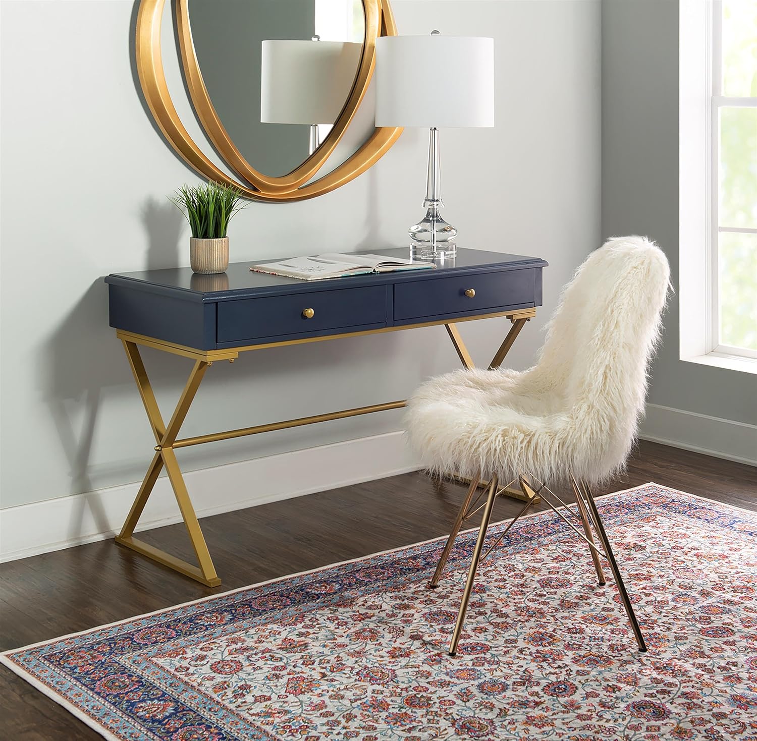 Linon Campaign Two Drawer Desk Gold Metal Criss Cross Legs Top in Blue Wood