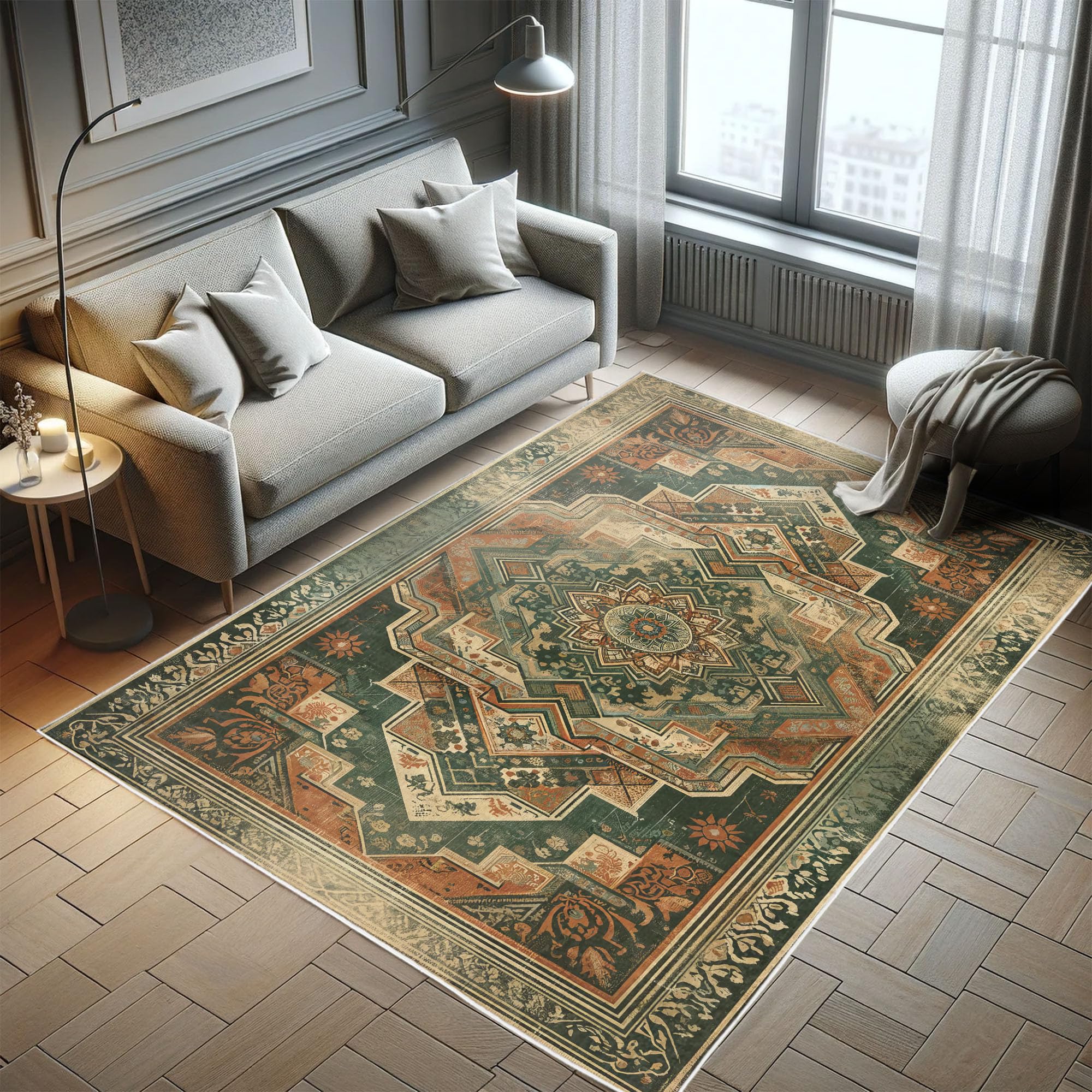 Ambesonne Oriental Boho Decorative Rug, Bohemian Flowery Mandala with Abstract Geometric Details Print, Quality Carpet for Bedroom Dorm and Living Room, 5' 1" X 7' 5", Hunter Green and Peach