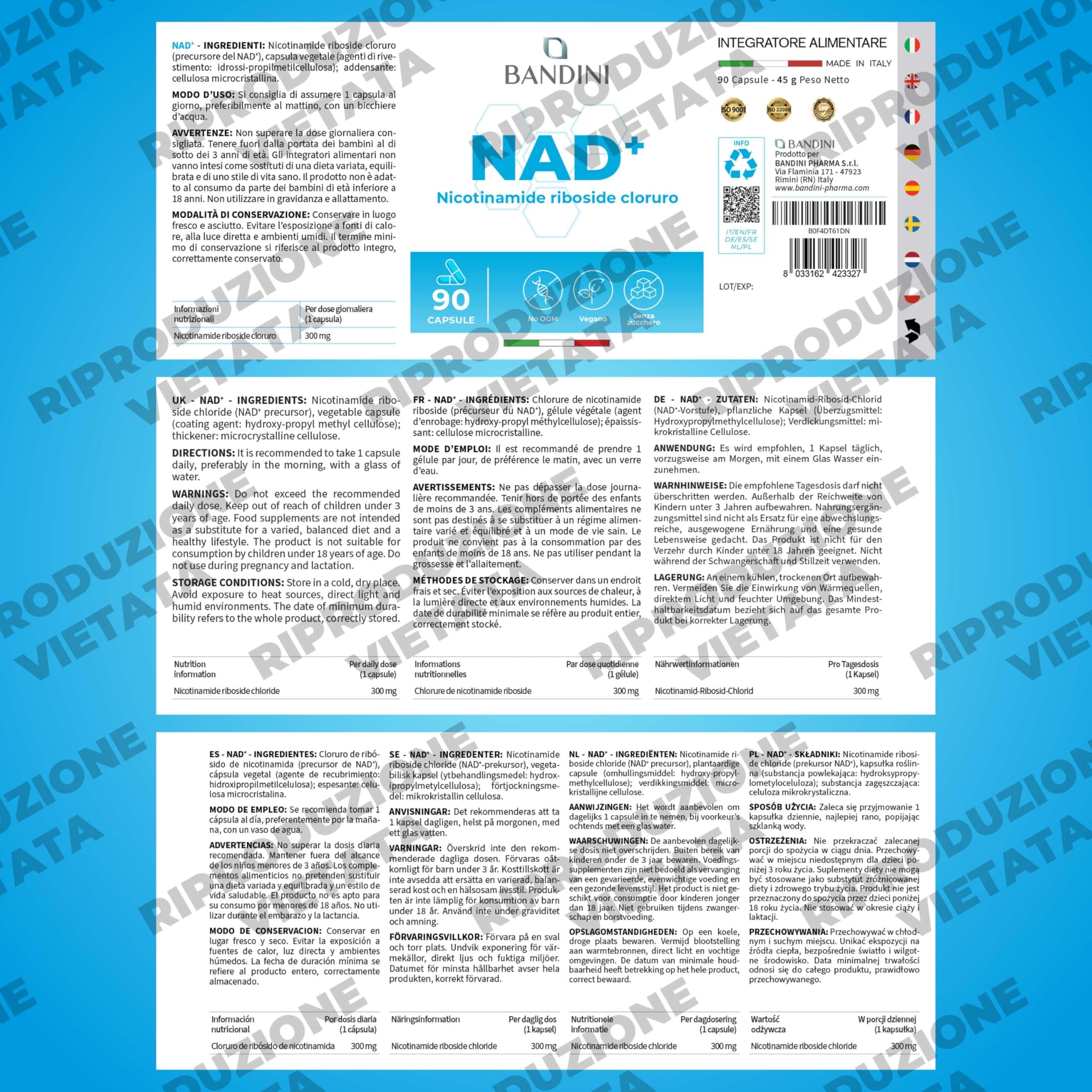 Bandini® NAD+ Nicotinamide Riboside Cloruro 300 mg | +3 Mesi di Scorta | NAD Booster | Energia e Riduzione Stanchezza | Supporto Nervoso | 90 Capsule Vegetali | Premium & Vegan | Assorbimento ottimale