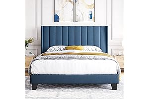 Yaheetech Navy Blue Queen Bed Frame with Plush Fabric Headboard