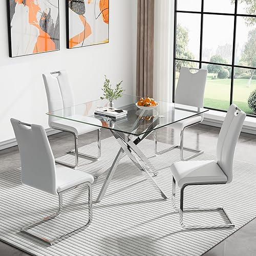 Miniatura 10 de Juego de 4 mesas de comedor modernas de 5 piezas, mesas de comedor redondas de vidrio templado de 36 pulgadas y 4 sillas de comedor negras de cuero,