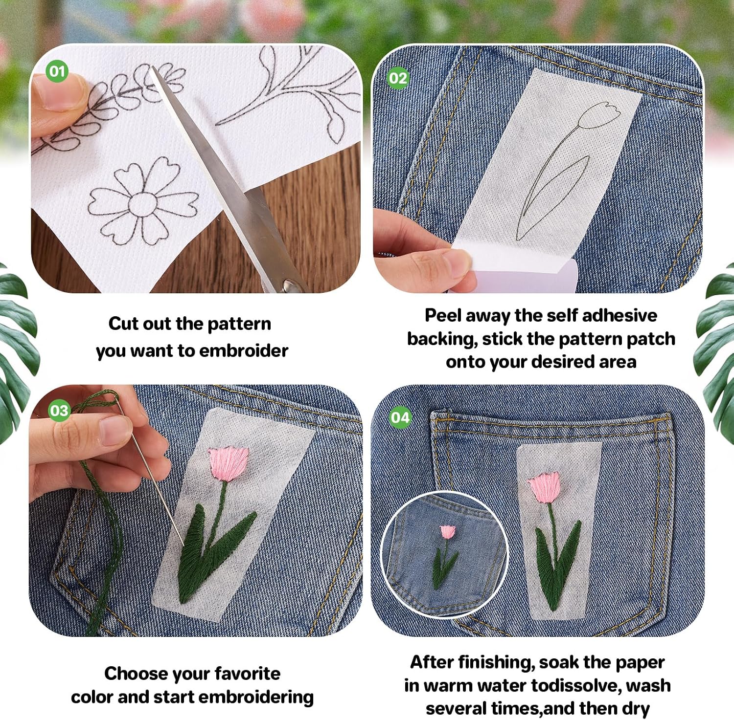 Bestewelry 4 Sheets 80Pcs Water Soluble Hand Sewing Stabilizers Wash Away Embroidery Aid Drawing Sketch Flower Theme Stitch Embroidery Paper Stabilizer for Shirts Coats Bags Sewing Lover