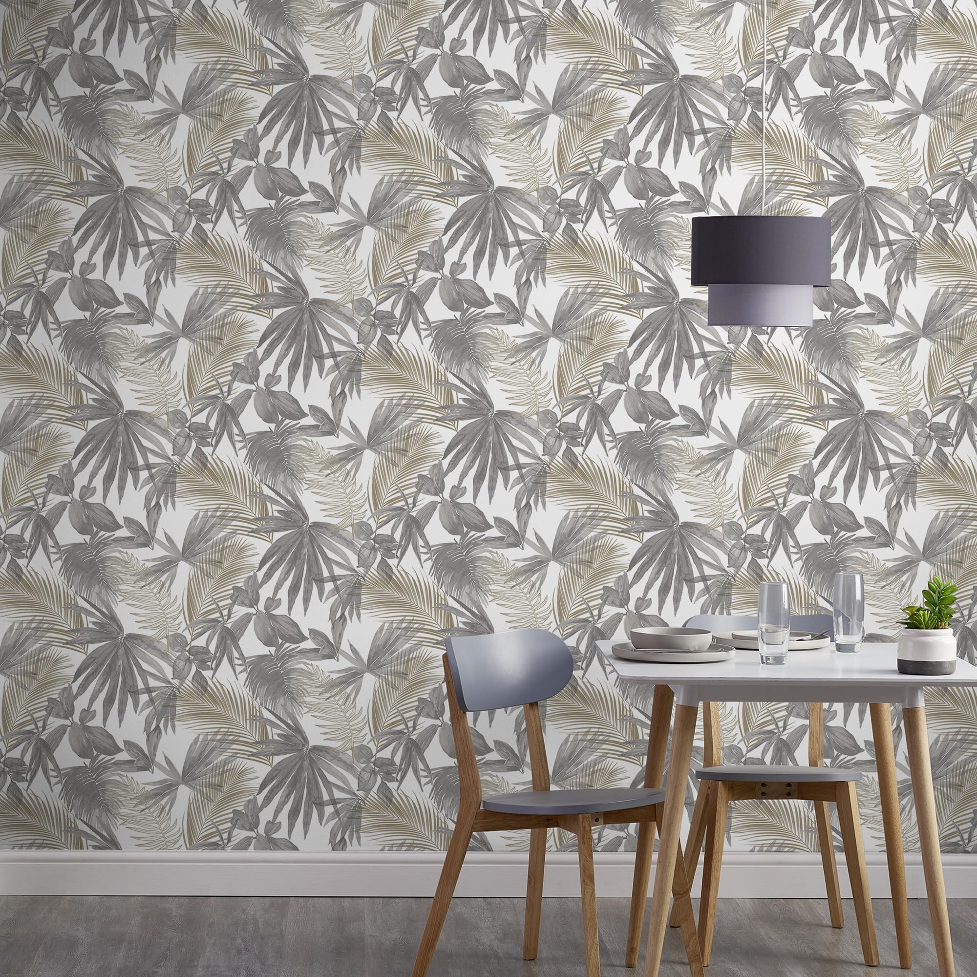Grandeco Grey Copper Wild Palm Grey & Copper Metallic Smooth Wallpaper