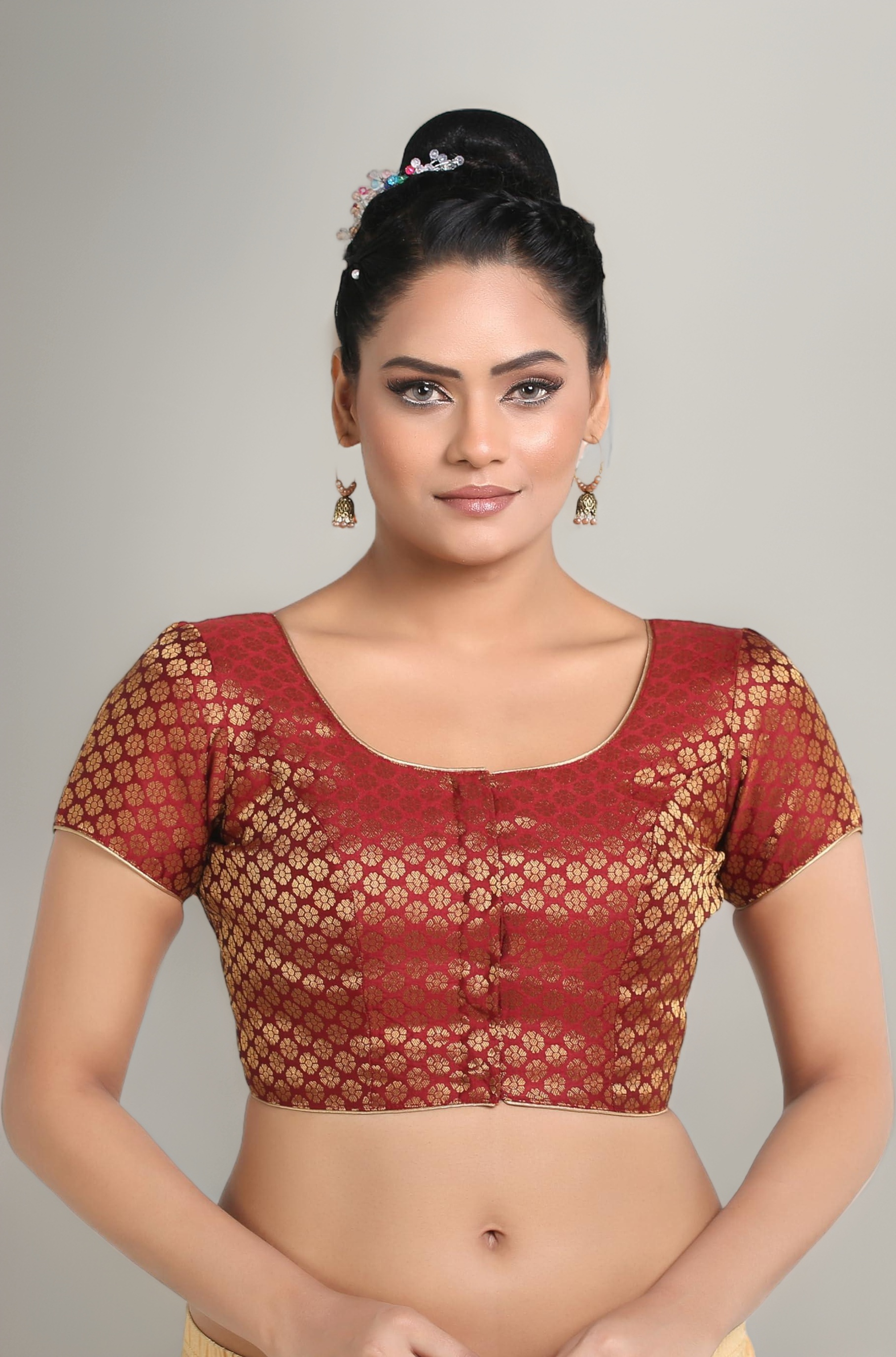 Madhu Fashion Womens Short Sleeves Banaras Brocade Readymade Saree Blouse