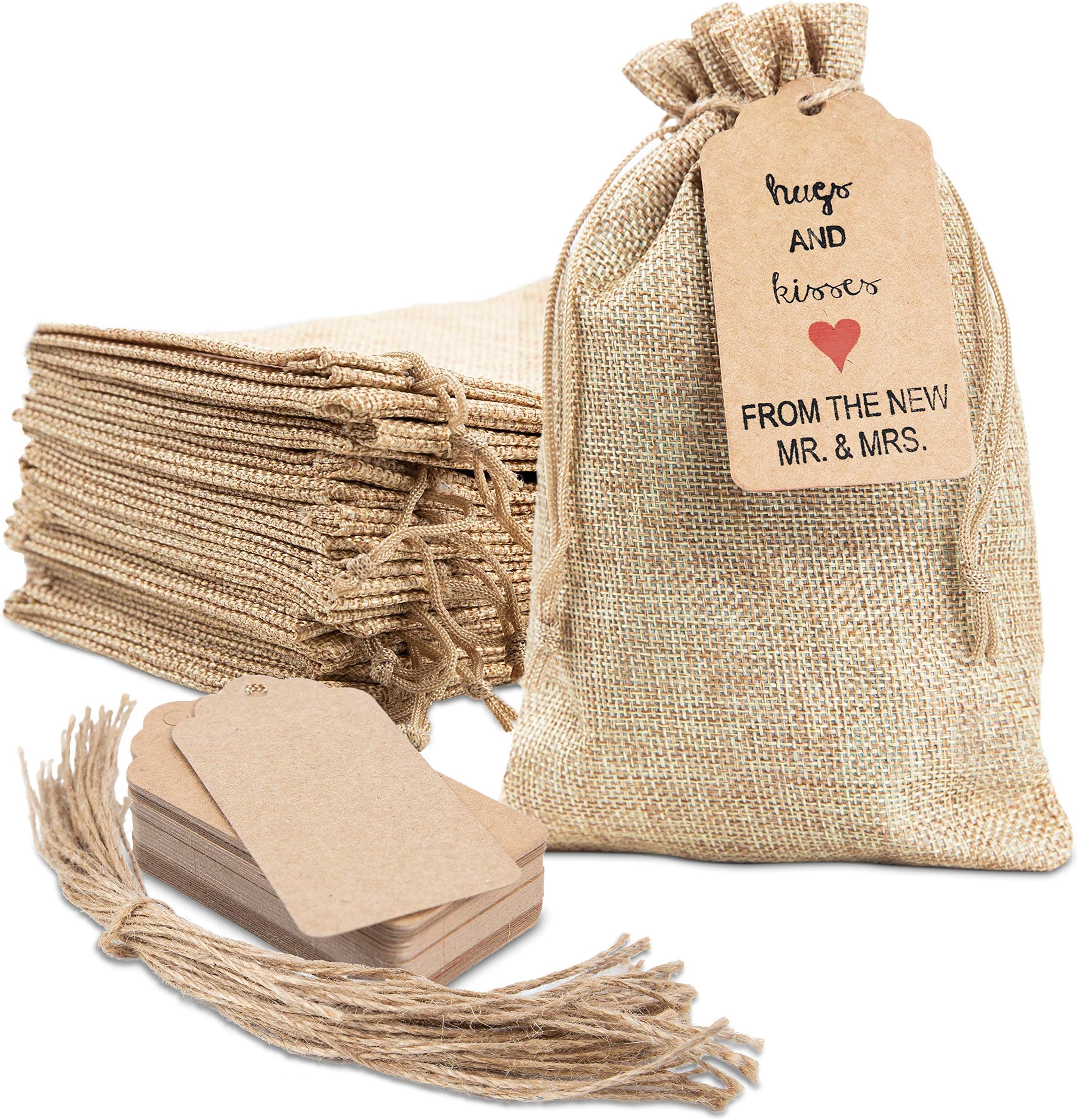 DA THYME! 25x Burlap Gift Bags With Drawstring 5x7.5 Small Party Favor Gift Bags + Bonus Gift Tags & String! Brown Bags Bulk Small Size For Birthday Bag, Craft Bags Or Party Bags For Kids Birthday!