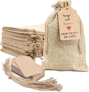 25x Burlap Gift Bags With Drawstring 5x7.5 Small Party Favor Gift Bags + Bonus Gift Tags & String! Brown Bags Bulk Small Size For Birthday Bag, Craft Bags Or Party Bags For Kids Birthday!