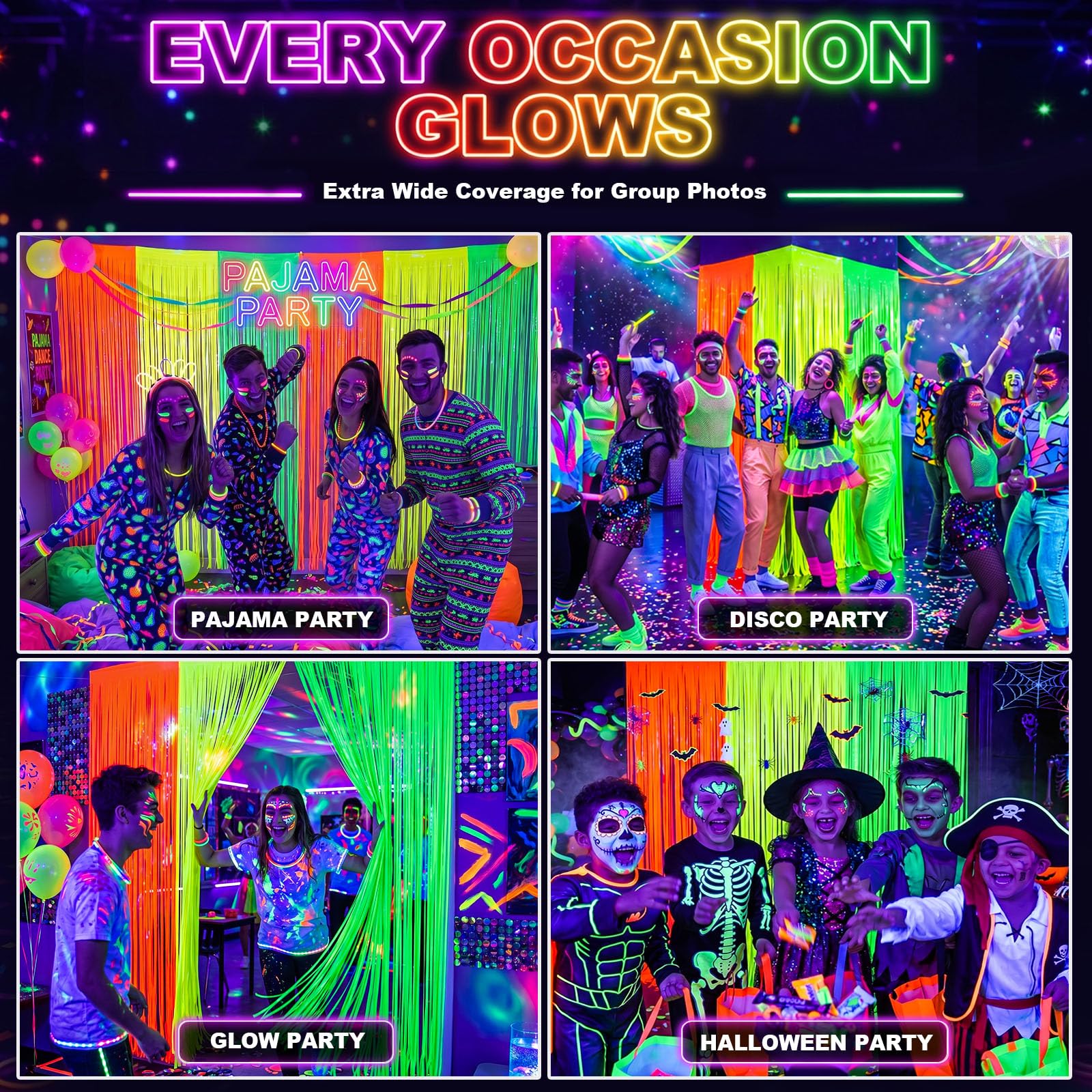 LovesTown 3 Pack Neon-Themed Fringe Curtains with 8 Balloons
