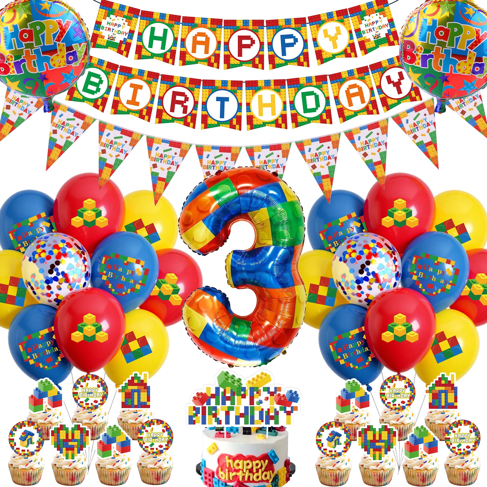 Bausteine Theme 3. Geburtstag Deko Luftballons - Happy Birthday Banner Wimpel XXL Zahl 3 Folienballon, Baustein Cupcake Deko konfetti und Latexballons für Kinder Junge Mädchen Kindergeburtstag