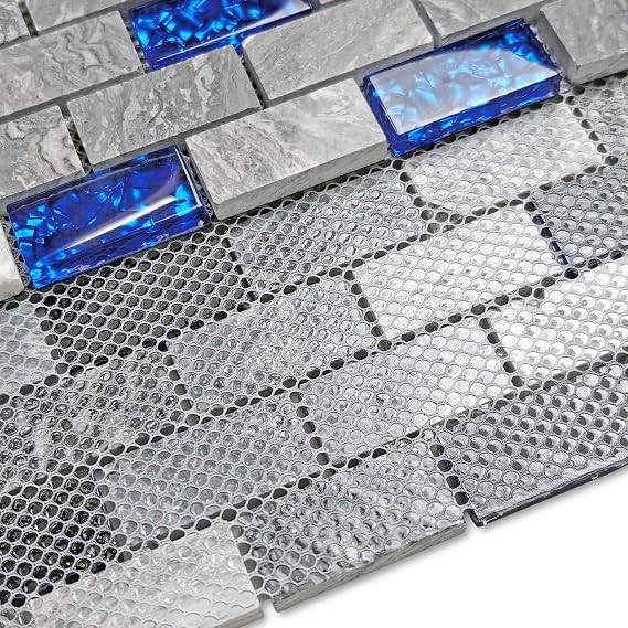 Blue Glass & Gray Marble Mosaic Subway Tile Backsplash Sample | Classic 1x2 Subway Pattern with Polished Finish for Shower Wall, Fireplace Surround, Bath Accent Wall and Bar Backsplash