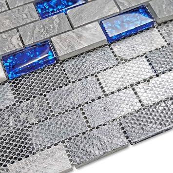 Blue Glass & Gray Marble Mosaic Subway Tile Backsplash Sample | Classic 1x2 Subway Pattern with Polished Finish for Shower Wall, Fireplace Surround, Bath Accent Wall and Bar Backsplash