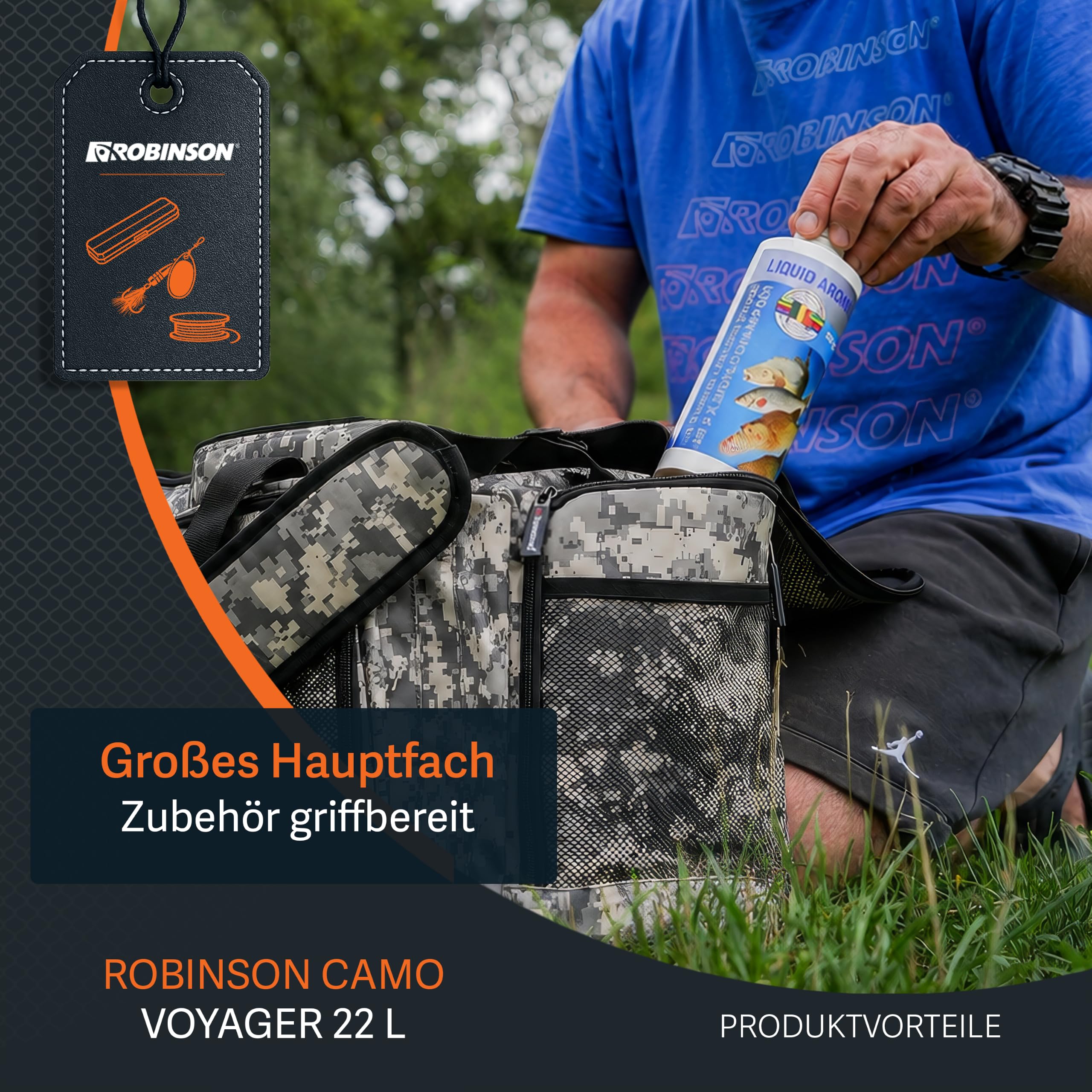 Robinson Angeltasche - Tackletasche mit Schaumpolsterung, Strapazierfähiges Reißfestes Material, Verstellbarer Tragegurt, Mehrere Außentaschen - Camo Voyager (L (22L) - 45x18x28cm)