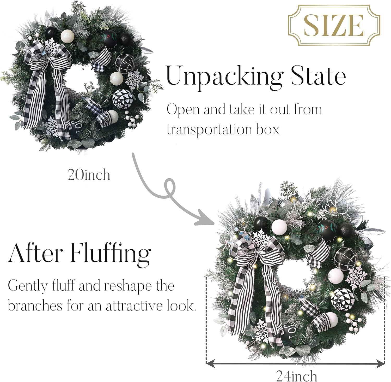 Valery Madelyn 24'' Pre-Lit Christmas Wreath for Front Door with Light, Collapsible Lighted Outdoor Christmas Wreath with Black White Xmas Ball & Bow for Home Porch Fireplace Window Holiday Wall Decor