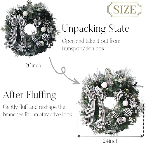 Miniatura 6 de Valery Madelyn Corona de Navidad preiluminada de 24 pulgadas para puerta delantera con luz, corona de Navidad plegable iluminada al aire libre con