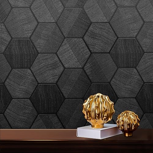 Self Adhesive Black Peel and Stick Wallpaper 15.7" X 118" 3D Hexagon Geometric Embossed Contact Paper Removable Easy Peel Off Wallpaper Textured Wall Paper for Cabinet Bedroom