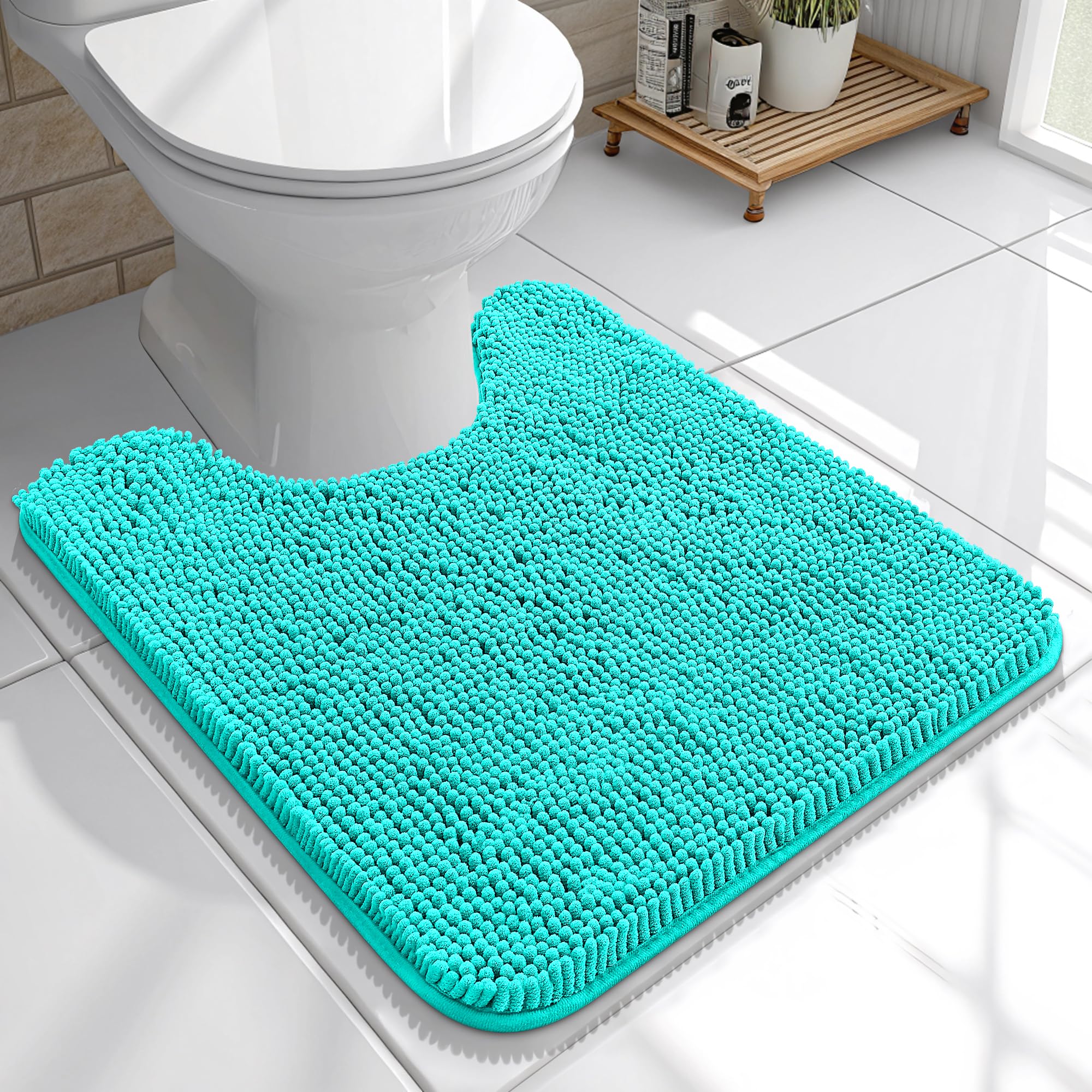OLANLY Toilet Rugs U-Shaped 20x20, Soft Absorbent Chenille Contour Rugs | Teal, Quick-Drying Rubber Backing, Machine Washable Non-Slip Shaggy Bathroom Mat for Toilet, Home Decor Accessories