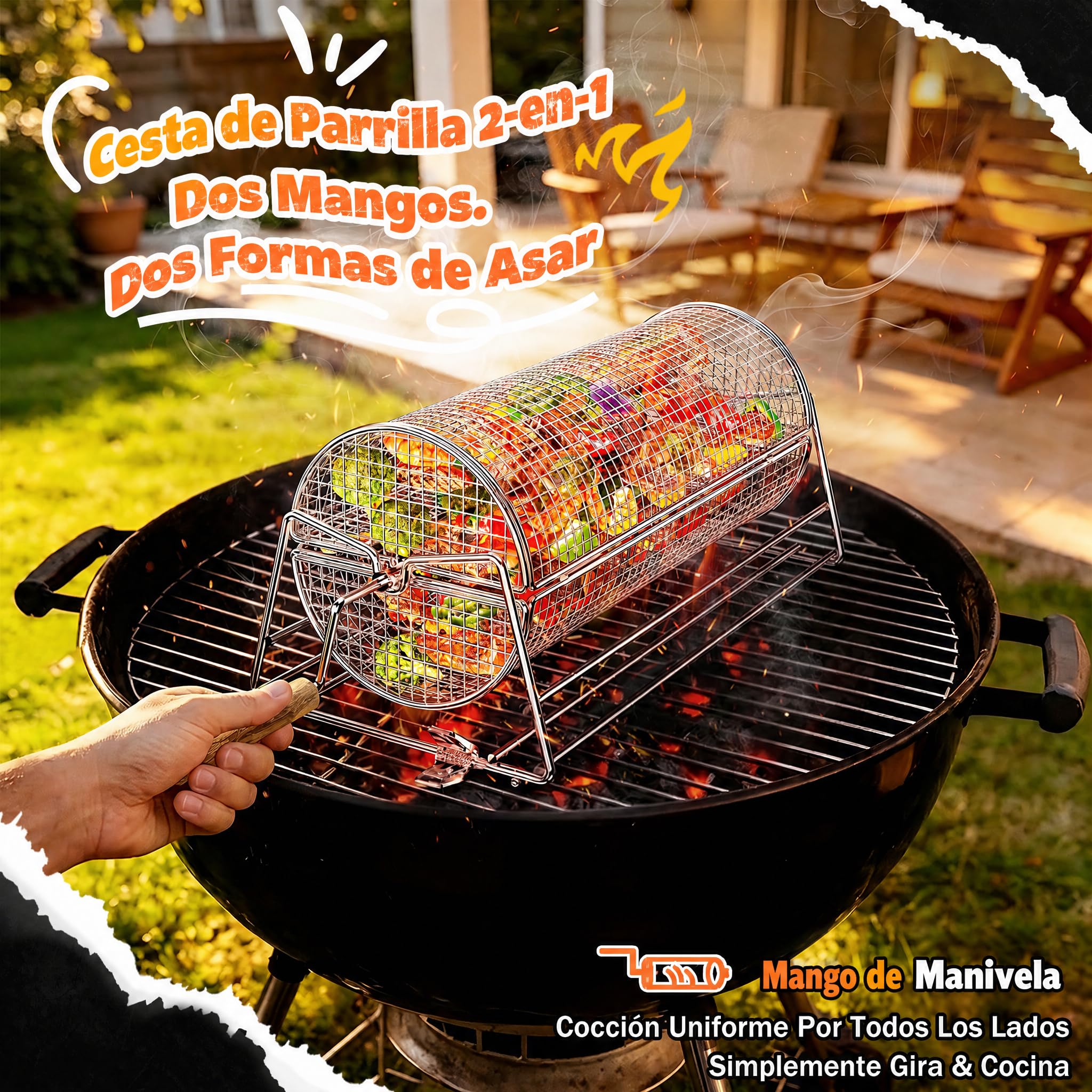 2-en-1 Cesta de Parrilla Rodadiza Rotativa, Acero Inoxidable 304 con Dobles Mangos de Manivela y Recto, Accesorios Barbacoa para Verduras Camarones, Regalo Idea Hombre Papá Esposo Cumpleaños