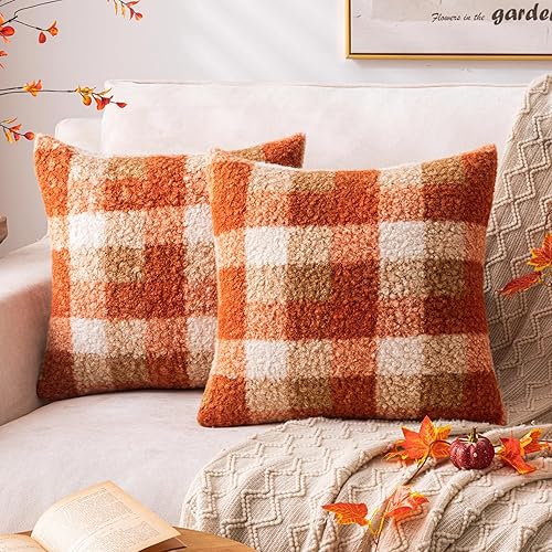 Orange Plaid Fall Throw Pillow Covers 18x18 Inch Set of