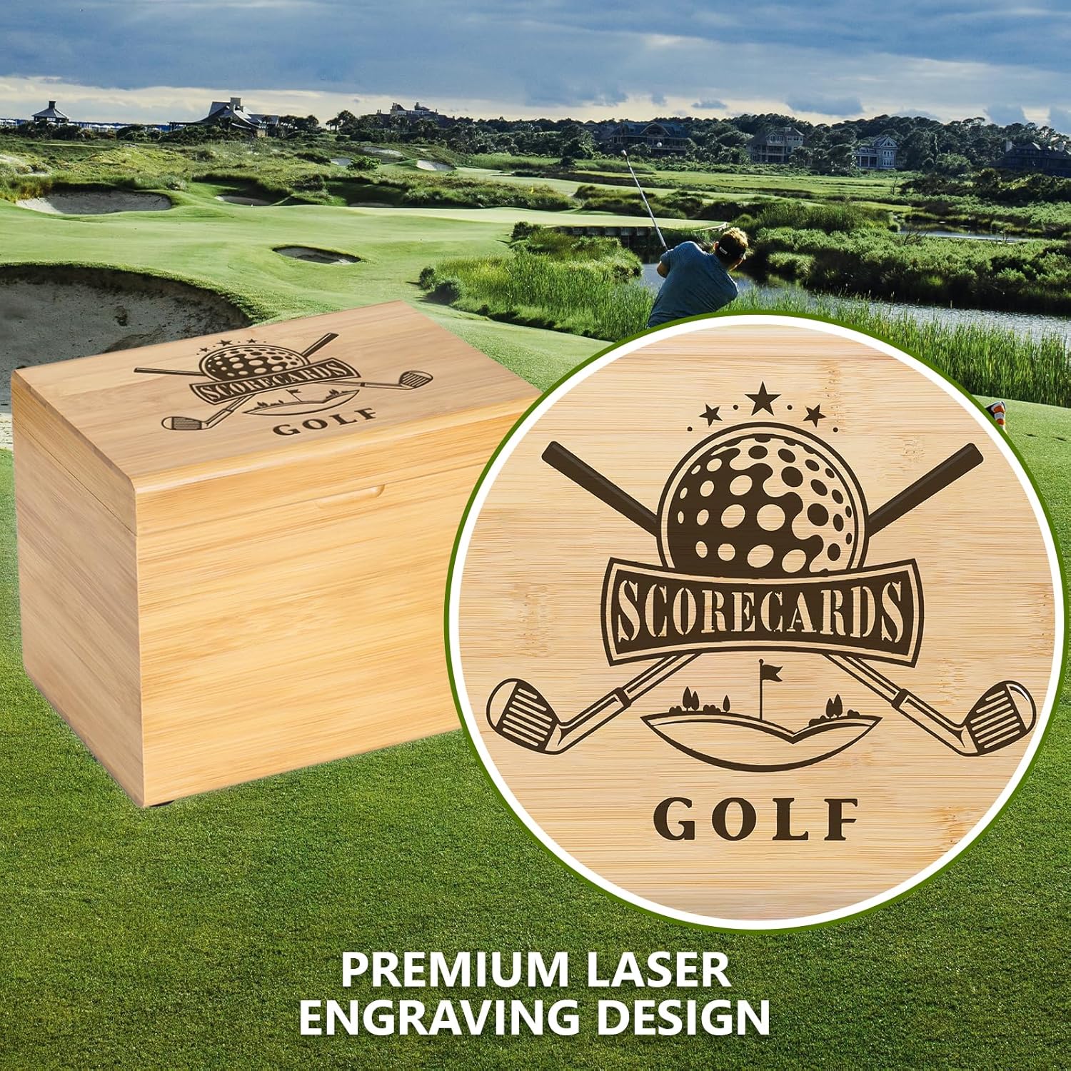 GLORIEROO Golf Storage Box Golf Gifts - Golf Scorecard Collection Box with 5 Wooden Dividers - Golf Organizer for Scorecards, Photos, Keepsakes; Fathers Day Dad Gifts for Men from Wife (Yellow)