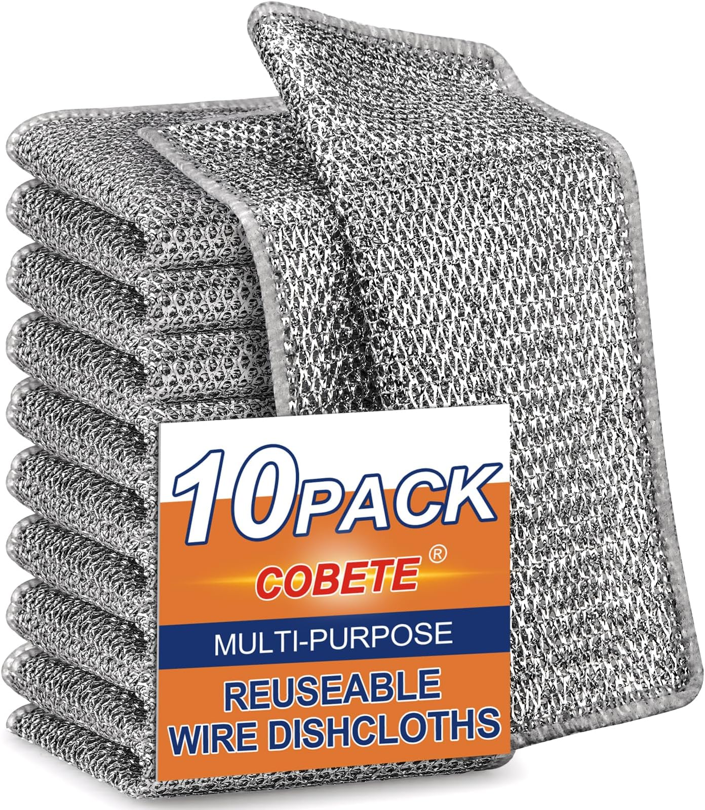 COBETE Non Scratch Wire Dishcloth,Double-Layer Wire Dishwashing Rags for Wet and Dry,Wire Miracle Cleaning Towels and Dish Cloths Multipurpose for Washing Dishes,Cookware, Sinks,Stove Tops,Pack of 10