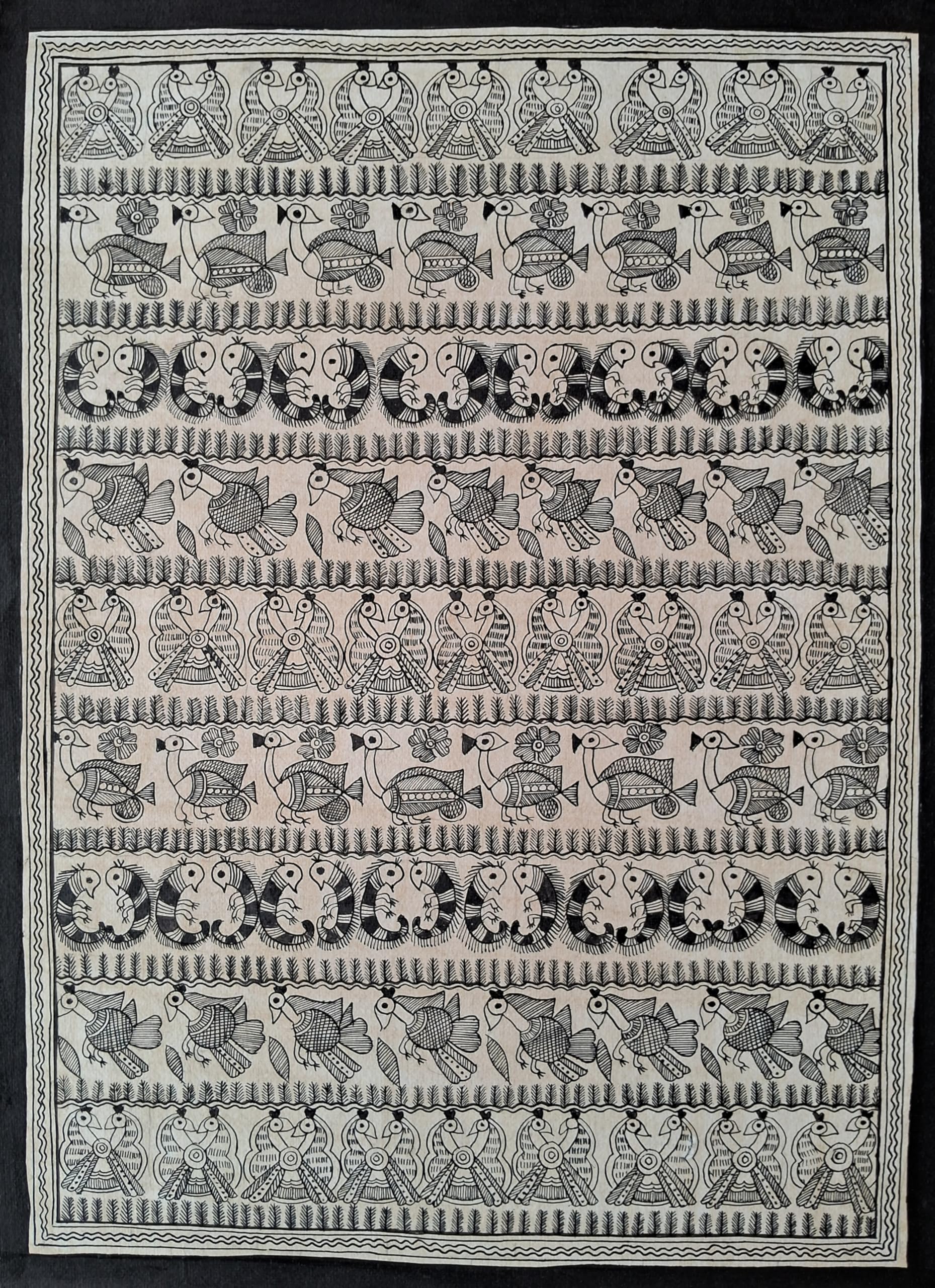 Handpainted Madhubani Painting Godna Art Style | Tree of Life Folk Art from Mithila, Bihar | Authentic Indian Traditional Wall Decor | Black & White (Unframed, 11x15 inches)