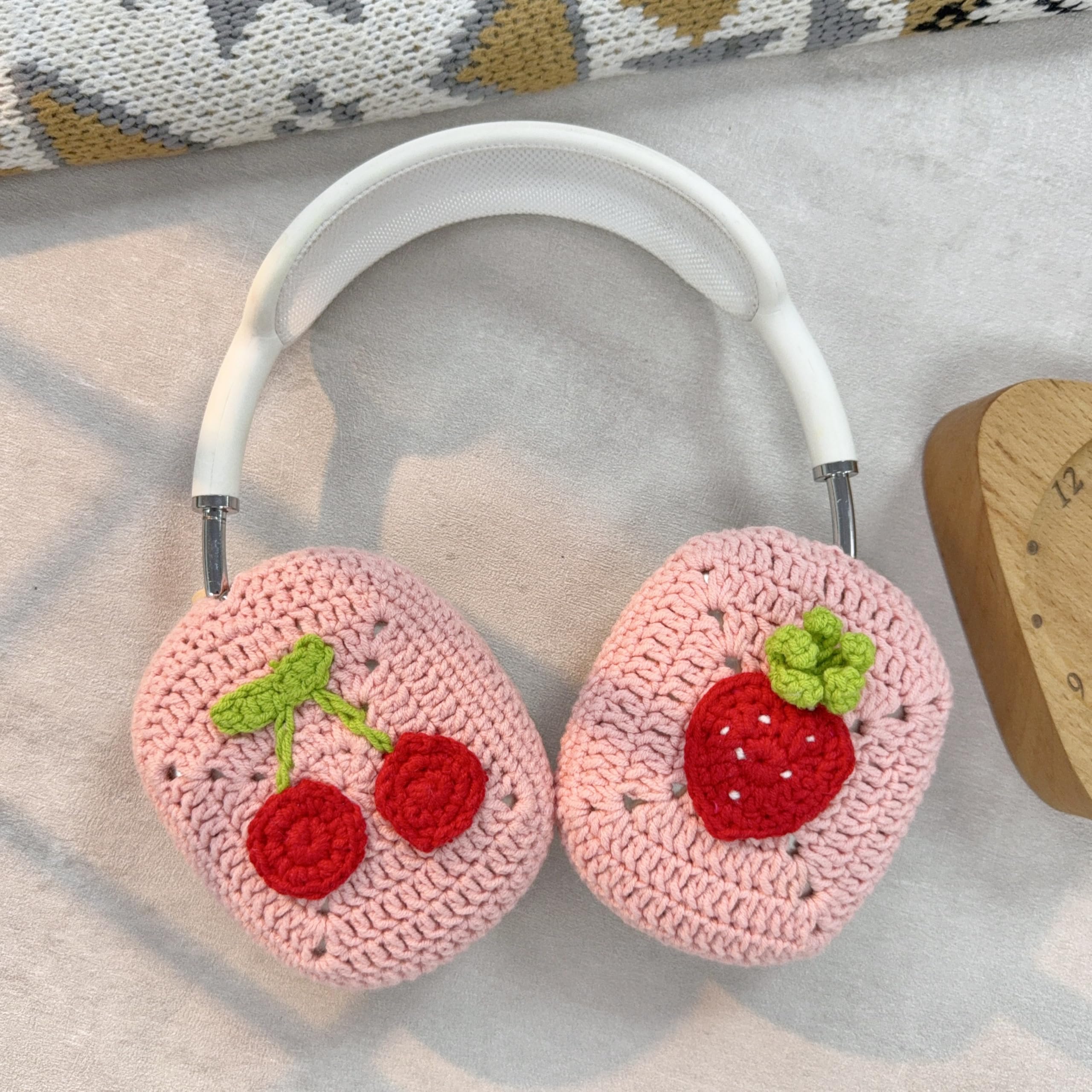 Handmade Crochet Pink Strawberry and Cherry Headphone Cover – Compatible with AirPods Max, Protective Case for Music Lovers