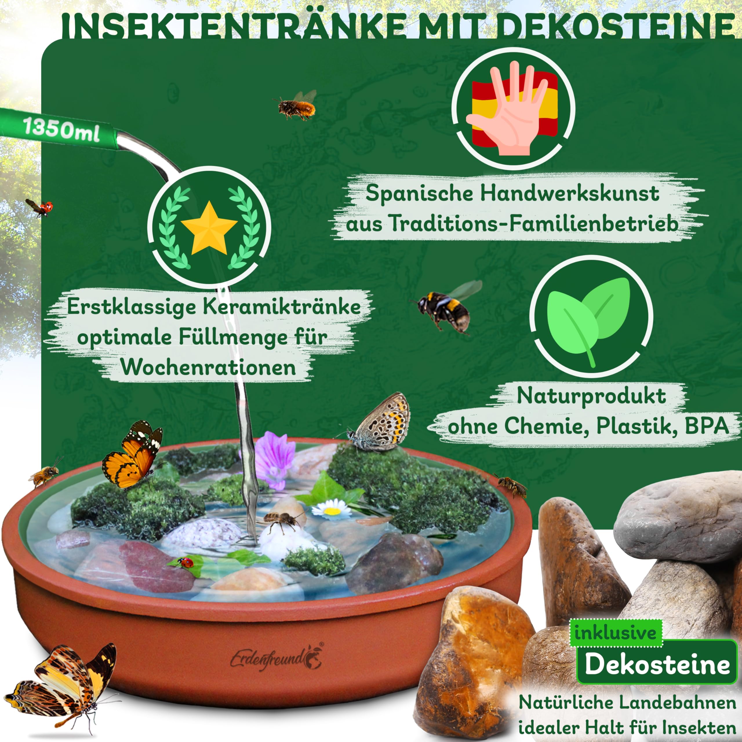 ERDENFREUND® Bienentränke Keramik + Dekosteine >1000°C feuerveredelte Insektentränke Keramik mit Innenglasur moosgrün hygienisch spülmaschinentauglich (Ø23cm Bienentränke inkl. Dekosteinen)